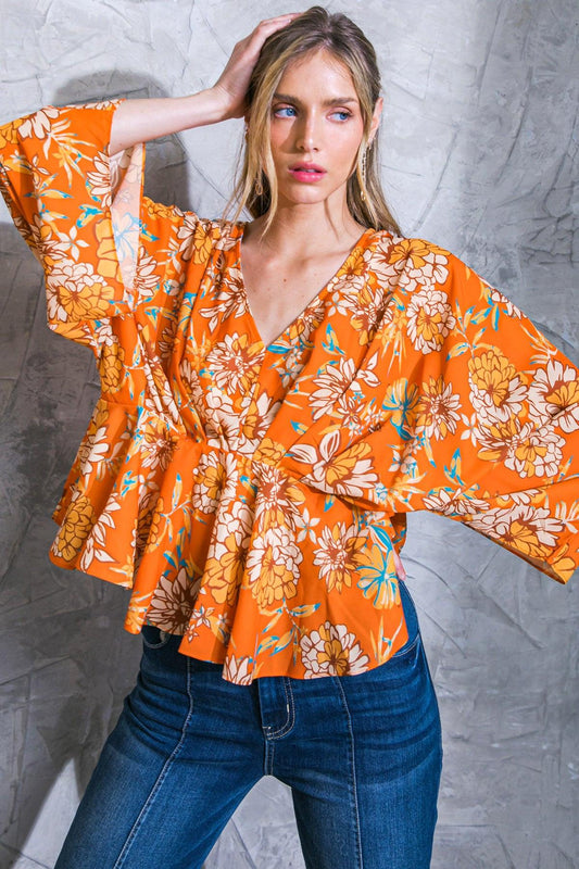 Find You Well Woven Top with V Neck Kimono Sleeves Peplum Silhouette in 20rus6 — Soul Flow Apparel