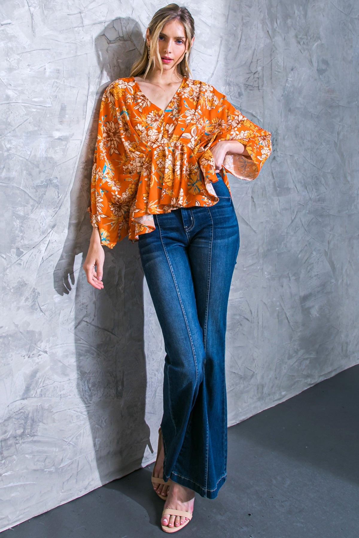 Find You Well Woven Top with V Neck Kimono Sleeves Peplum Silhouette in 20rus9 — Soul Flow Apparel