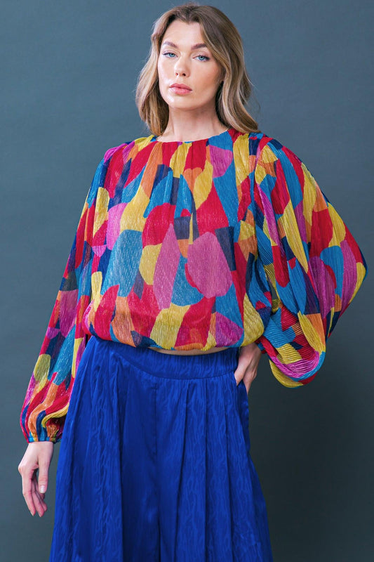 Feeling Delightful Printed Crinkled Woven Top with Round Neck and Long Sleeves in 20nav 20gol32 — Soul Flow Apparel