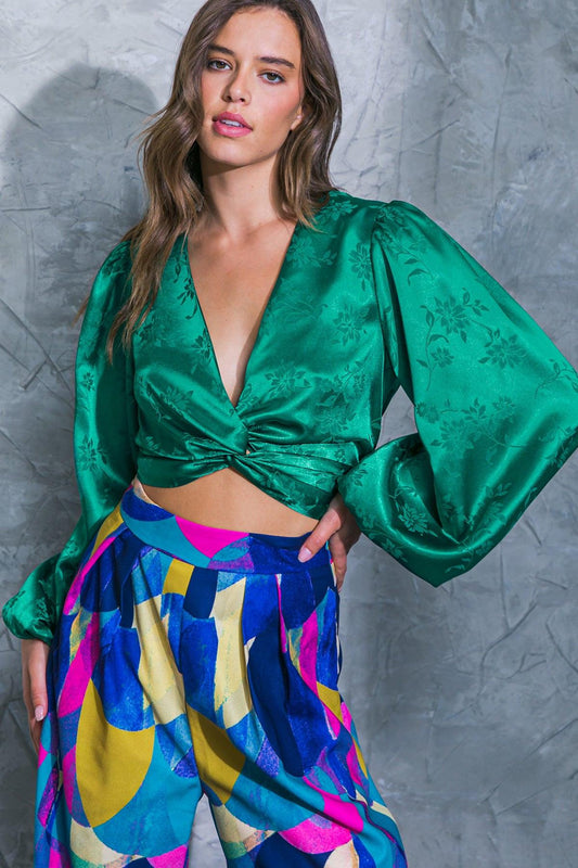 Darling Personality Woven Jacquard Top with Deep V Neck and Front Twist in 20gre27 — Soul Flow Apparel