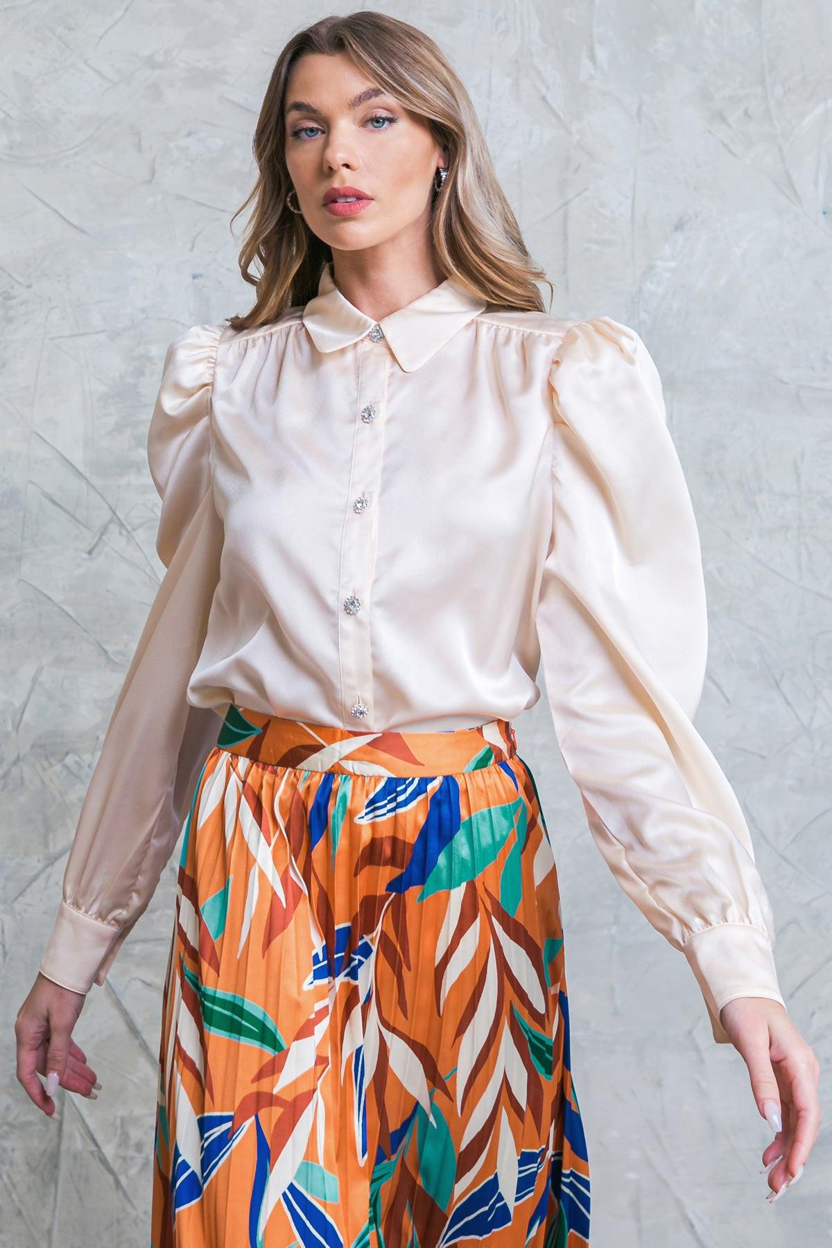 All Mine Rusty Woven Top with Shirt Collar and Rhinestone Button Closure in 20ivo43 — Soul Flow Apparel