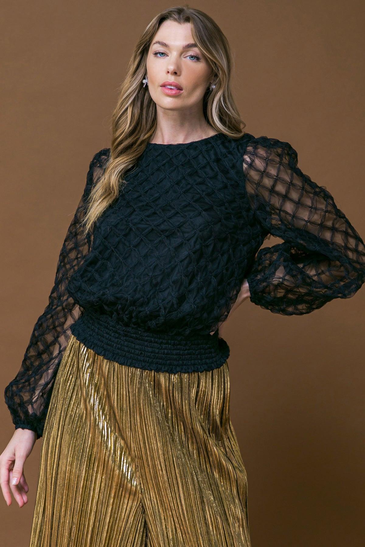 Sweetly Captivating Woven Top with Round Neck Long Sleeve Smocked Waistband in 20bla27 — Soul Flow Apparel