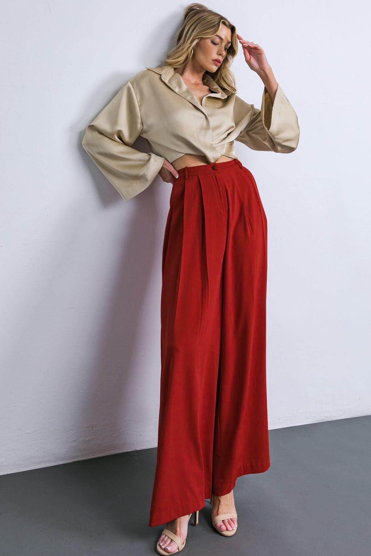 Powerful Charm Satin Top With Front Twist And Long Sleeve V Neck