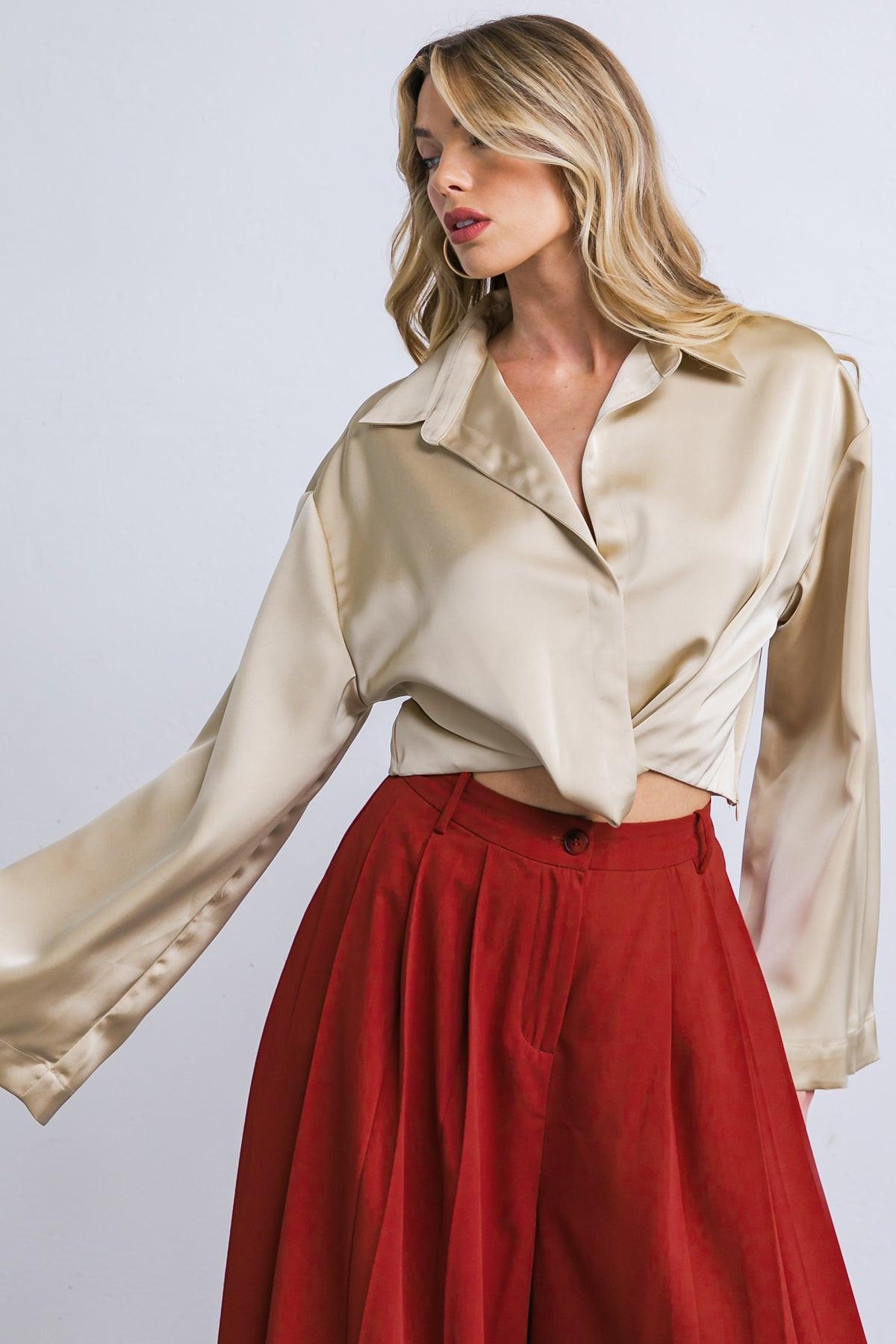 Powerful Charm Satin Top With Front Twist And Long Sleeve V Neck