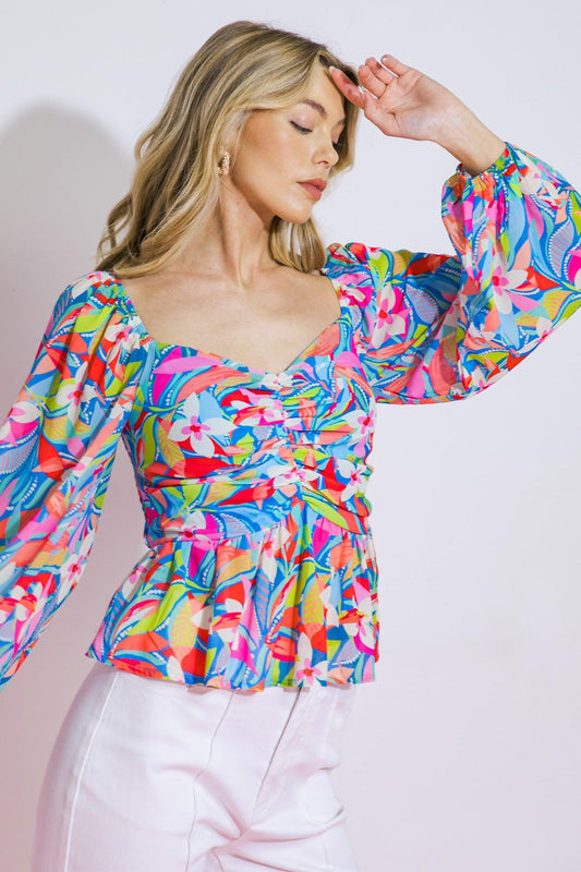 I Never Knew Printed Woven Top with Sweetheart Neckline Peasant Sleeves Peplum in 20blu7 — Soul Flow Apparel