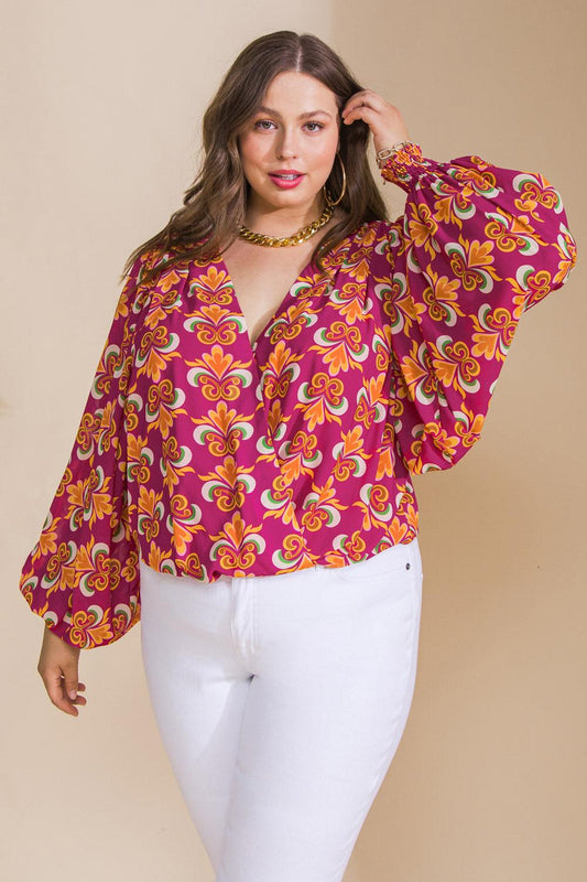 Starting Over Woven Bodysuit Surplice Neckline Smocked Sleeves in 20pur, view 207 — Soul Flow Apparel