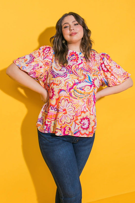 Ready to Run Printed Woven Top with Round Neckline and Puff Sleeves in 20ora 20pin9 — Soul Flow Apparel