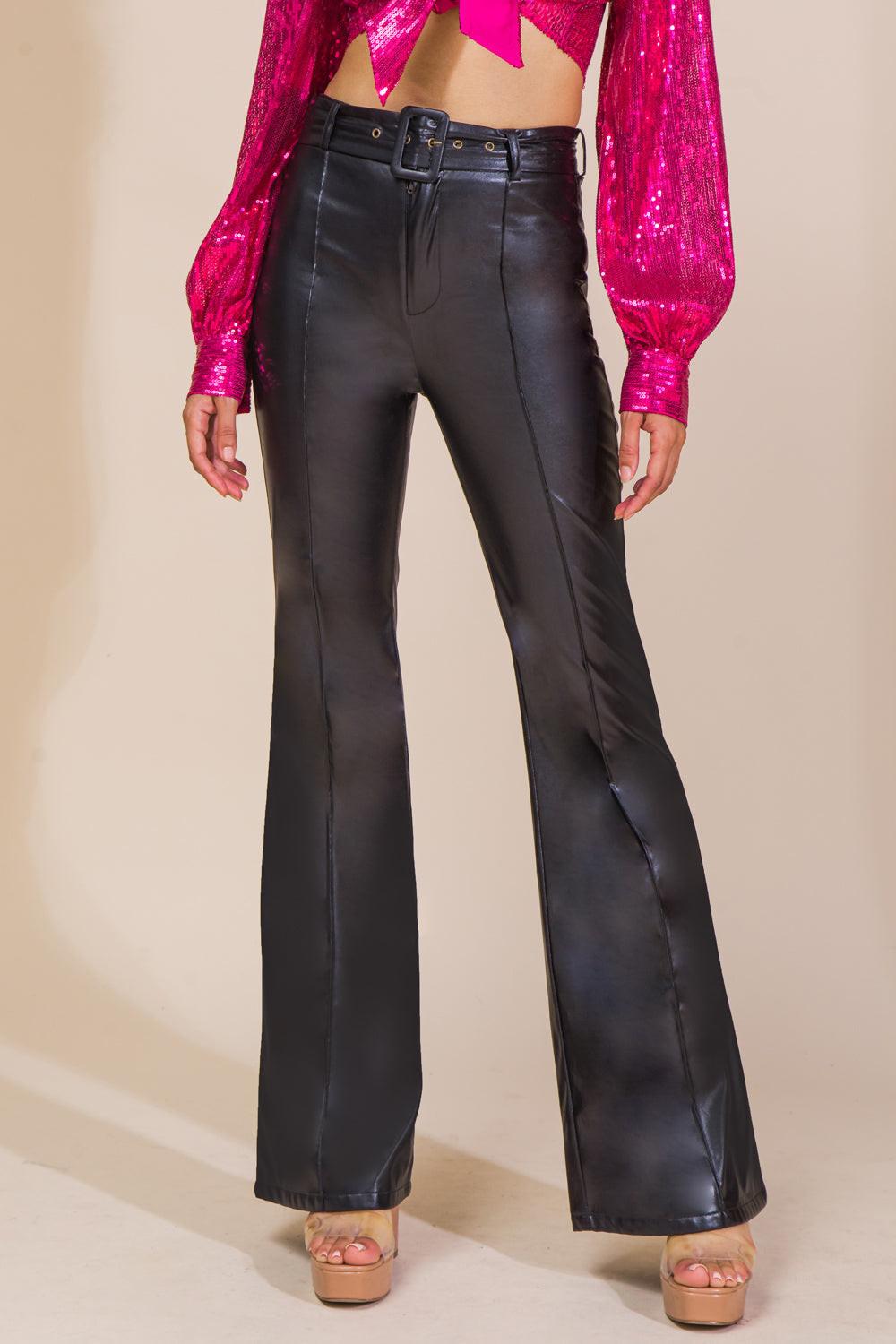 Hope You Know Faux Leather Pants with Flared Leg and Self Belt in 20blk, view 207 — Soul Flow Apparel