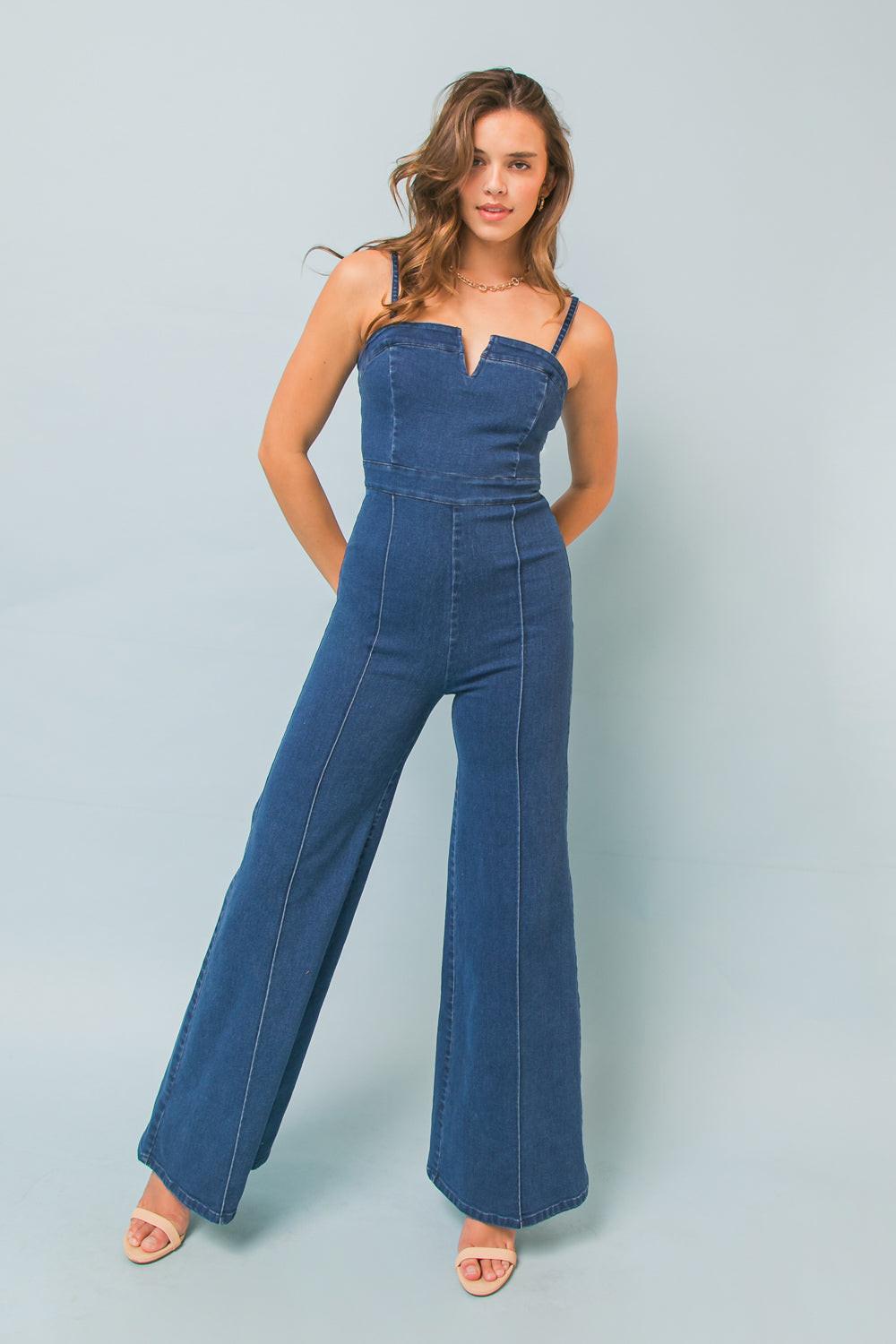 Making Magic Denim Jumpsuit with Flare Legs and V Neck Back Zipper in 20med 20ind, view 2015 — Soul Flow Apparel