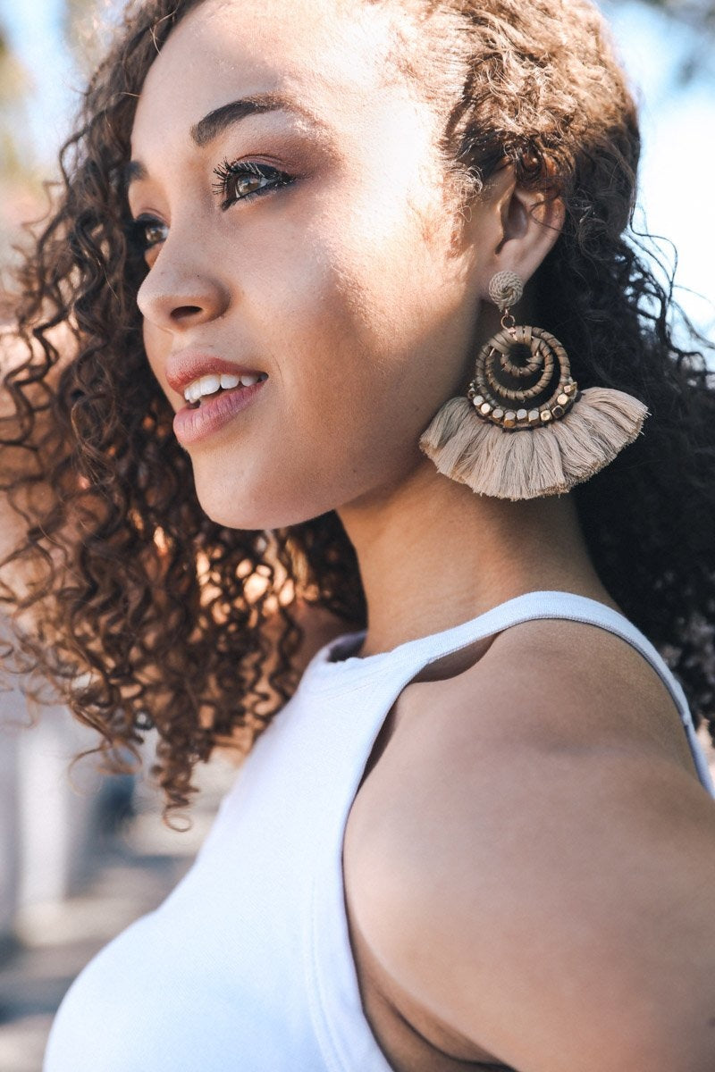 Leto Collection Dream Catcher Dangle Fan Earrings featuring intricate fan coil drop design in jewelry style