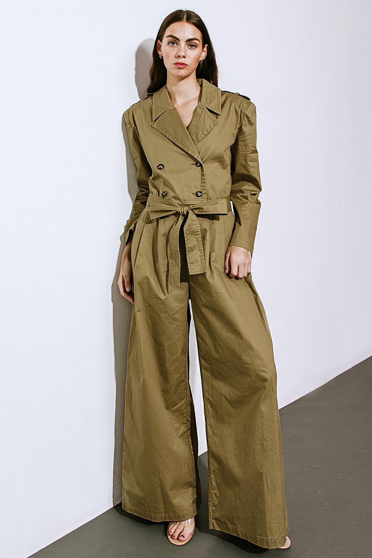 Sounds in My Mind Woven Jumpsuit with Trench Coat Top Long Sleeve Wide Leg — Soul Flow Apparel