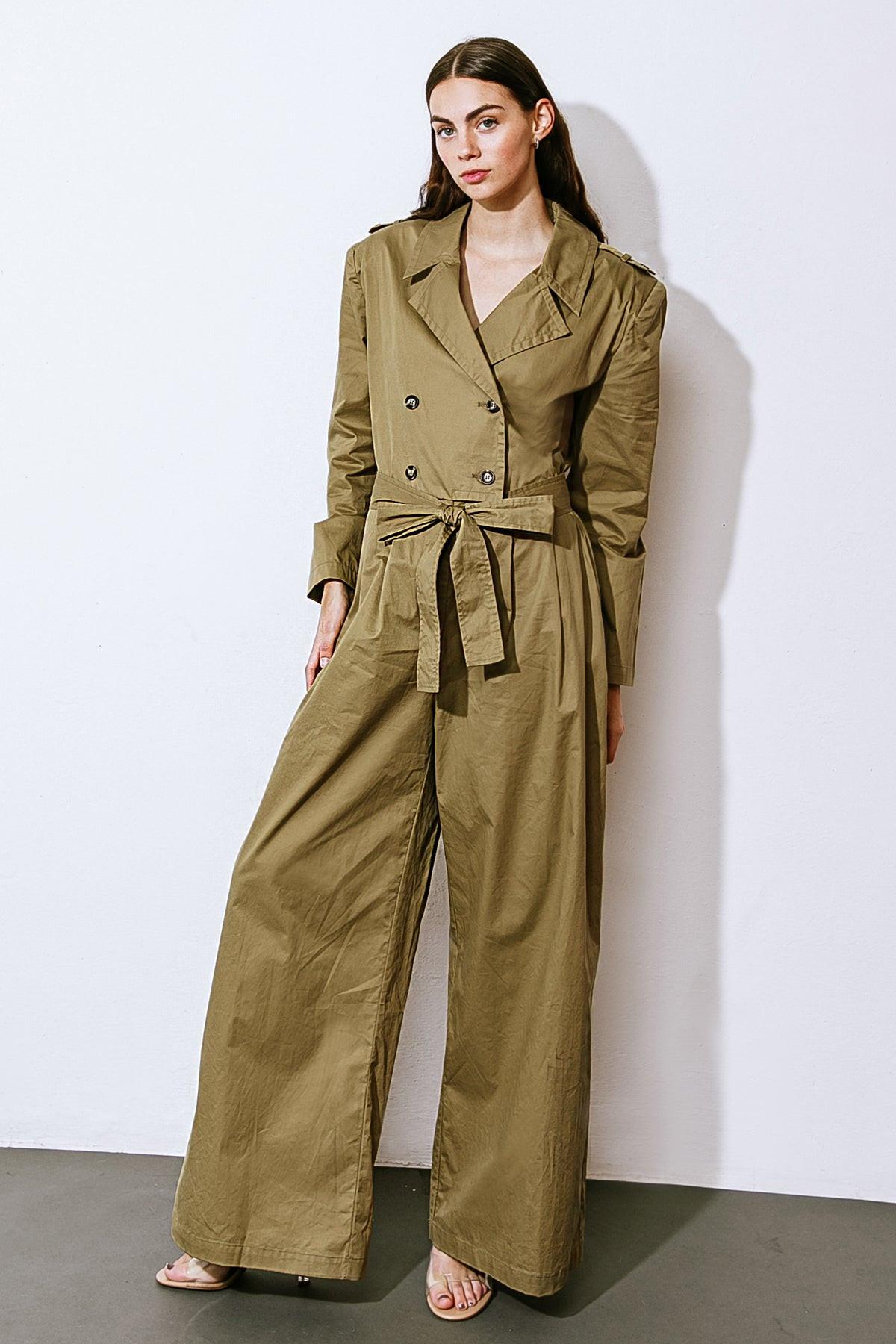 Sounds in My Mind Woven Jumpsuit with Trench Coat Top Long Sleeve Wide Leg — Soul Flow Apparel