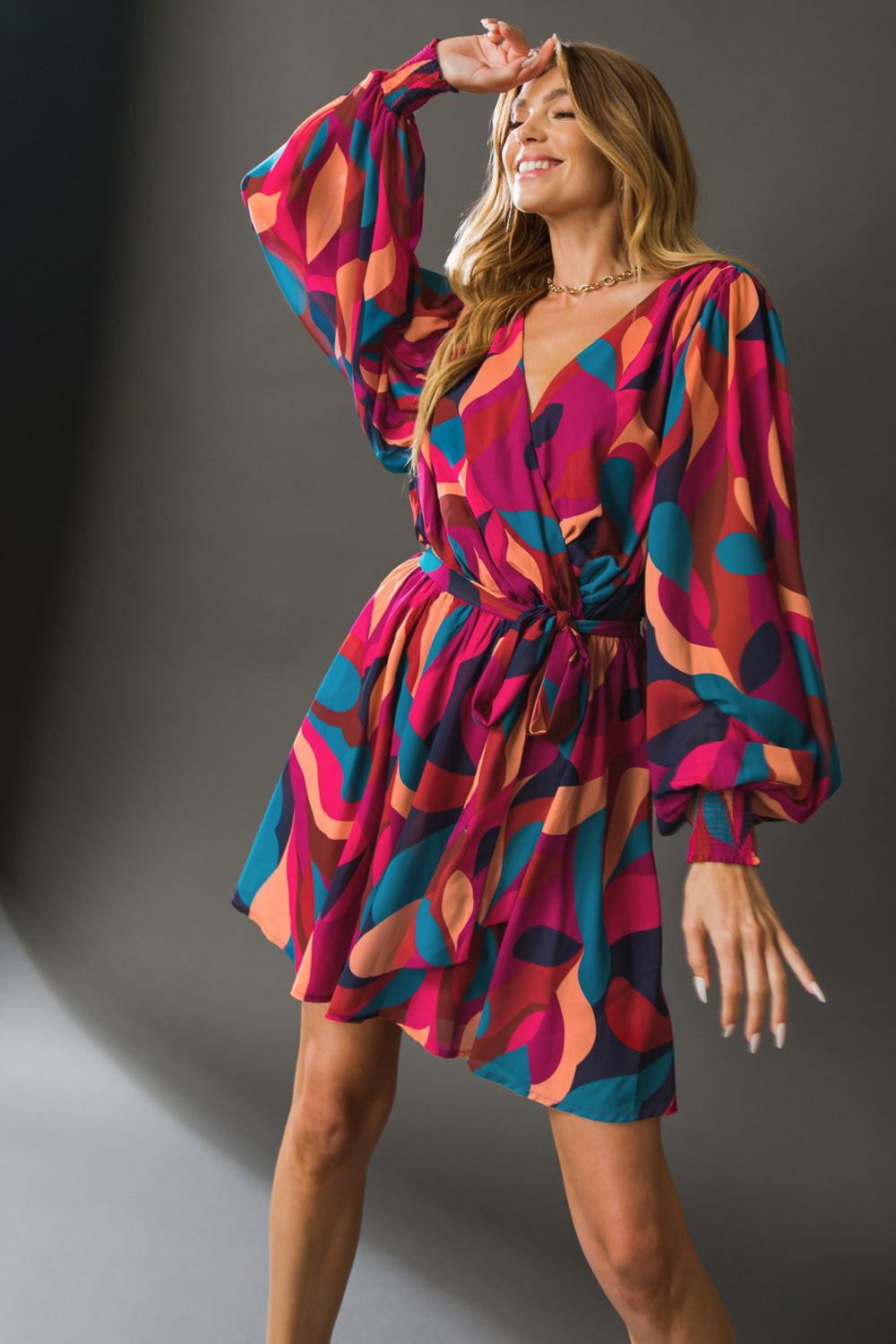 Boston Getaway Woven Mini Dress Surplice Neckline Elasticized Waist Self Tie — Soul Flow Apparel