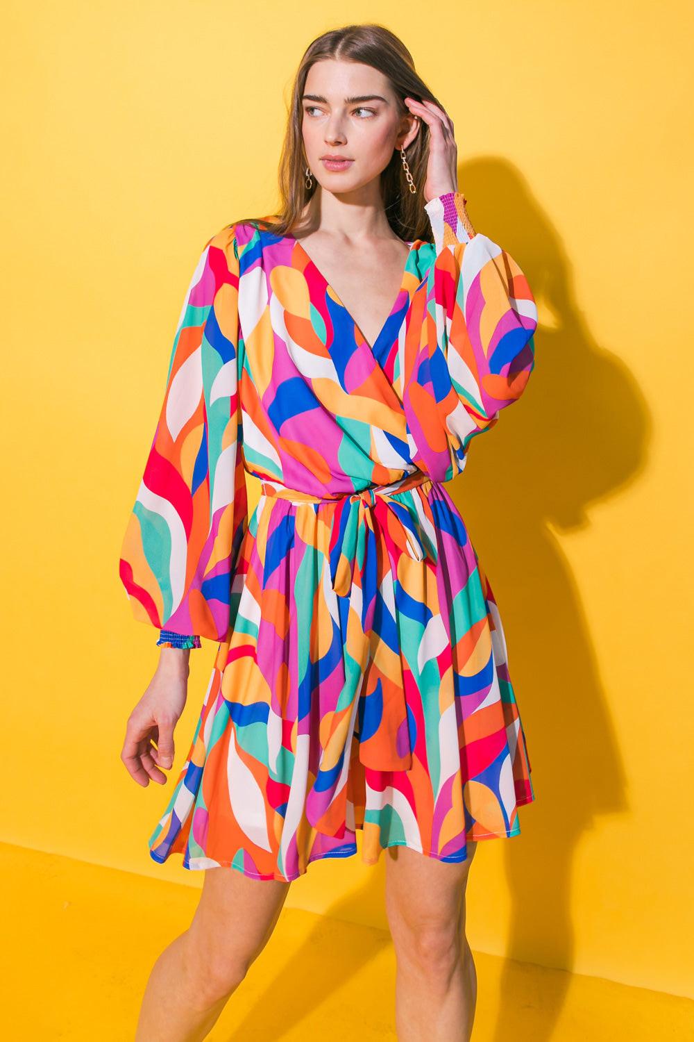 Boston Getaway Woven Mini Dress Surplice Neckline Elasticized Waist Self Tie — Soul Flow Apparel