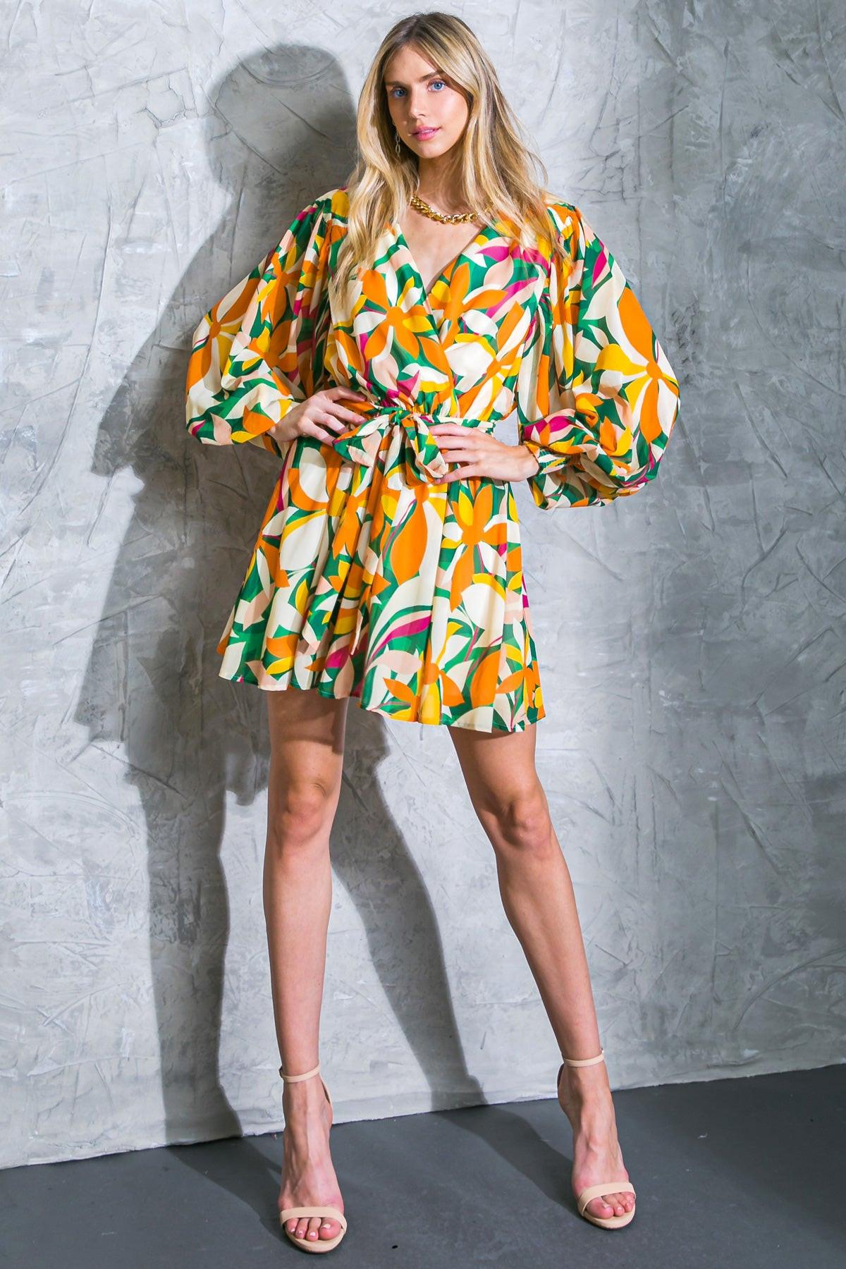 Daring Heart Printed Woven Mini Dress with Surplice Neckline and Ruffled Hem — Soul Flow Apparel