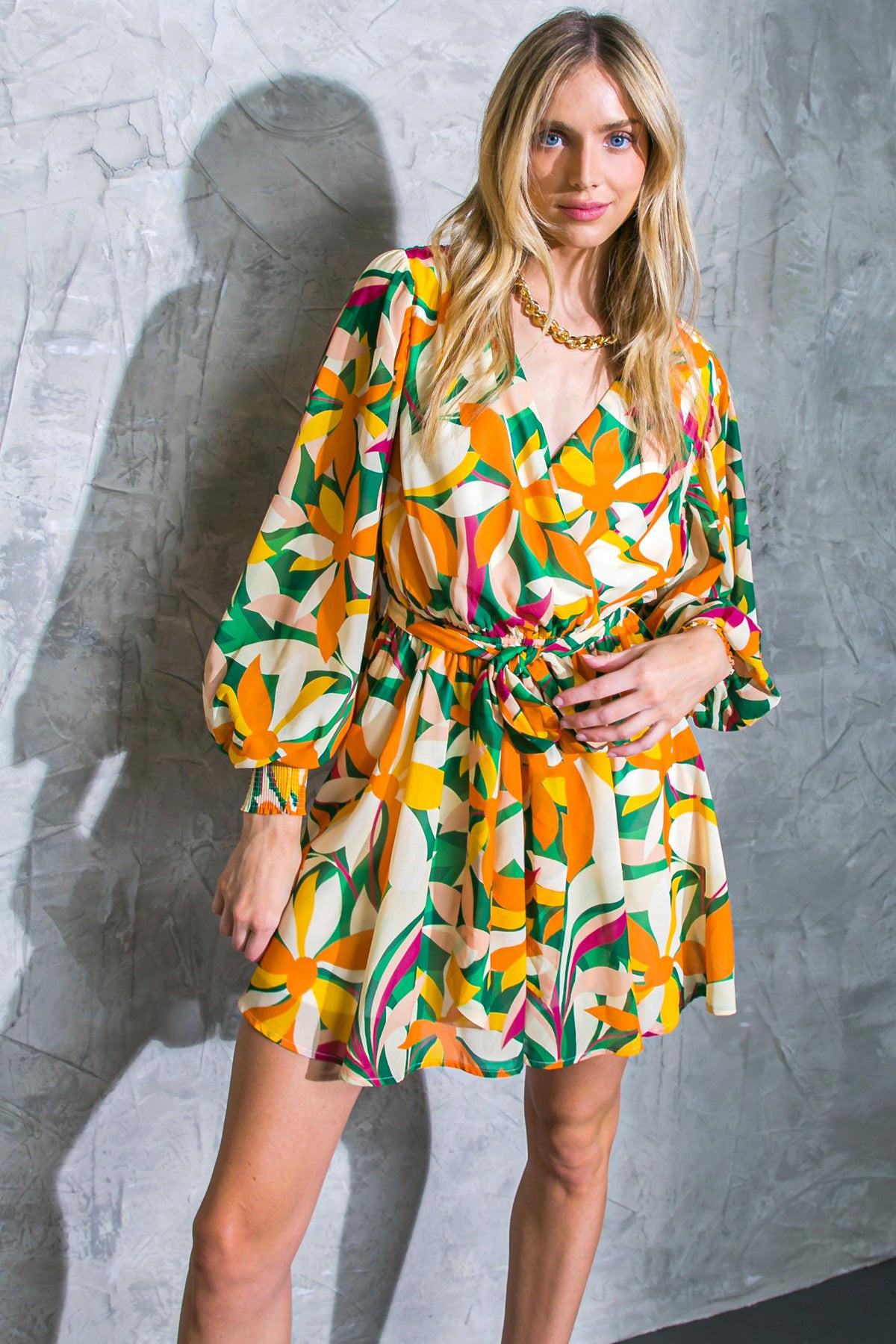 Daring Heart Printed Woven Mini Dress with Surplice Neckline and Ruffled Hem — Soul Flow Apparel