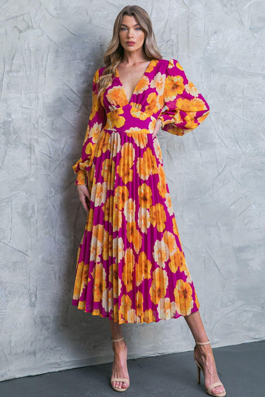Floral Woven Midi Dress with V Neckline and Smocked Details — Soul Flow Apparel