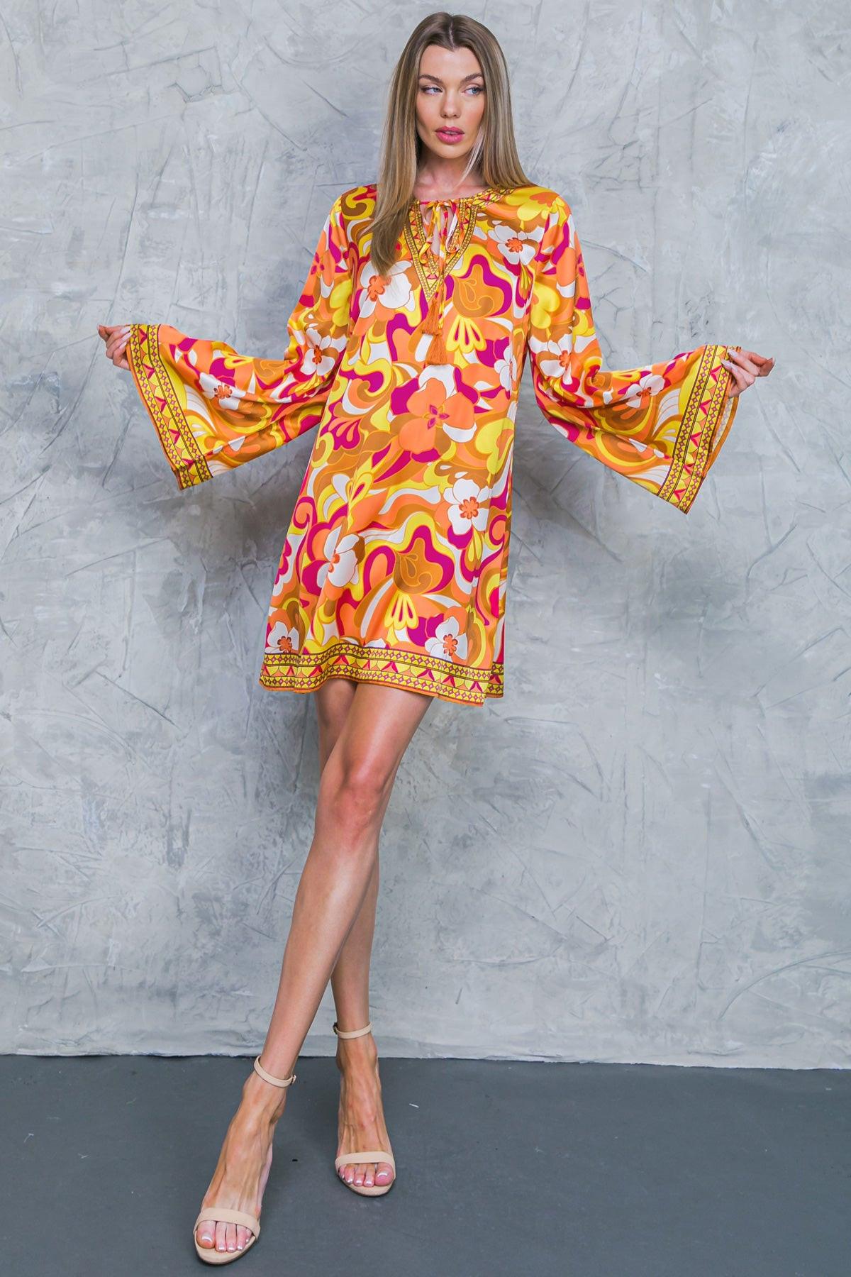 Caught Feelings Woven Mini Dress with V Neck Tie Tassel and Bell Sleeves — Soul Flow Apparel