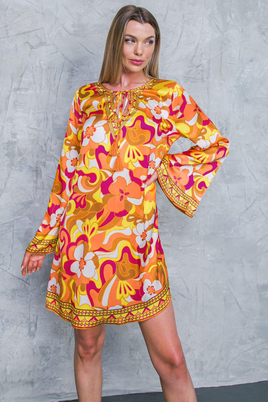 Caught Feelings Woven Mini Dress with V Neck Tie Tassel and Bell Sleeves — Soul Flow Apparel