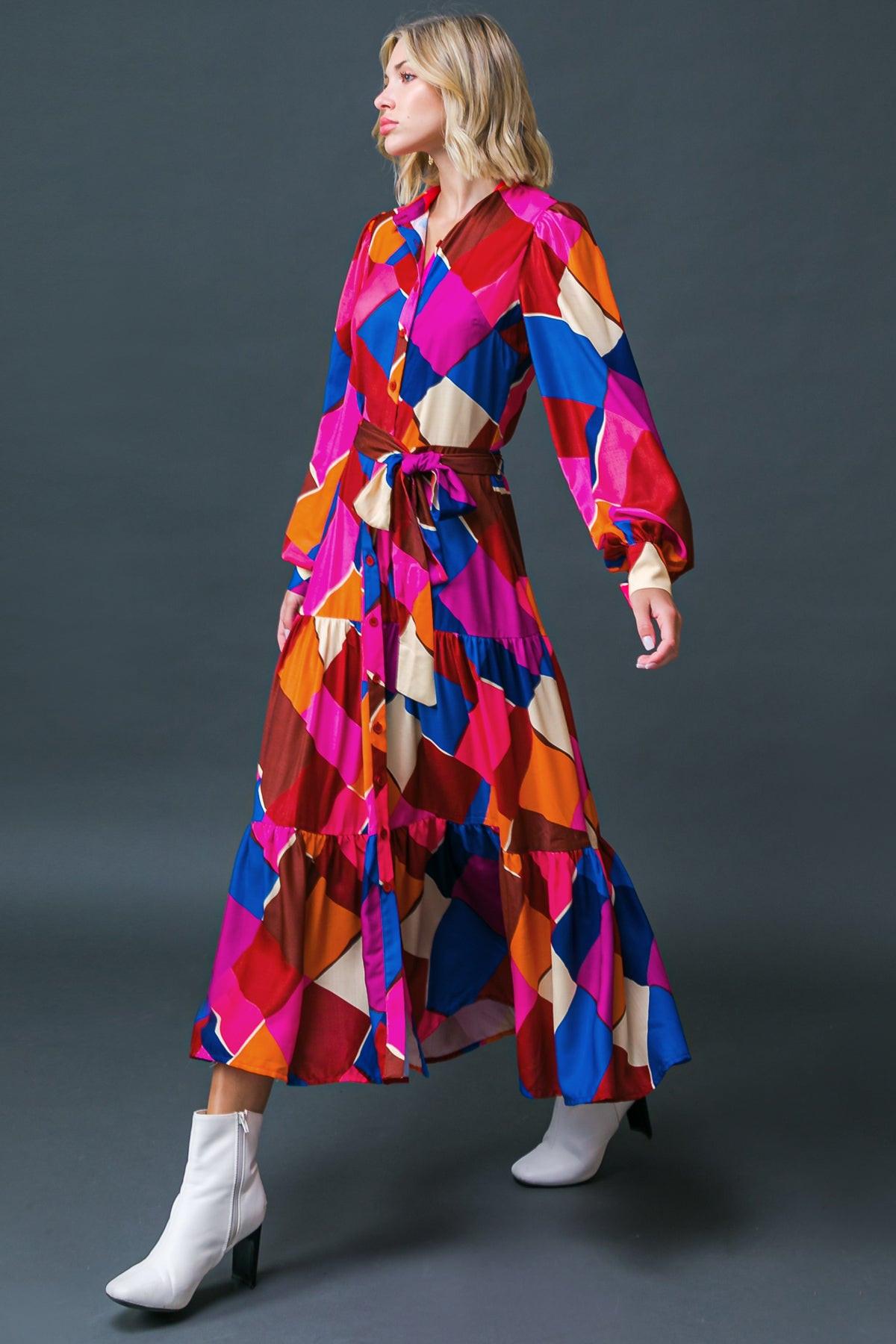Wise Woman Printed Woven Midi Dress with Shirt Collar and Tiered Skirt — Soul Flow Apparel