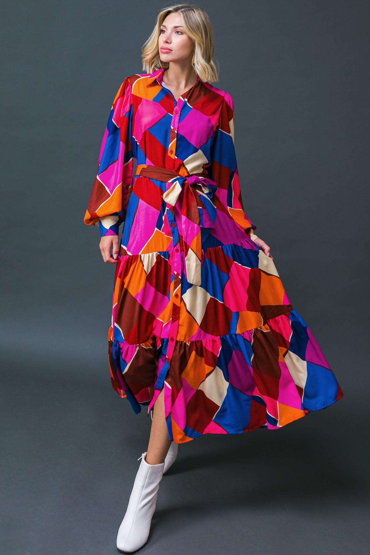 Wise Woman Printed Woven Midi Dress with Shirt Collar and Tiered Skirt — Soul Flow Apparel