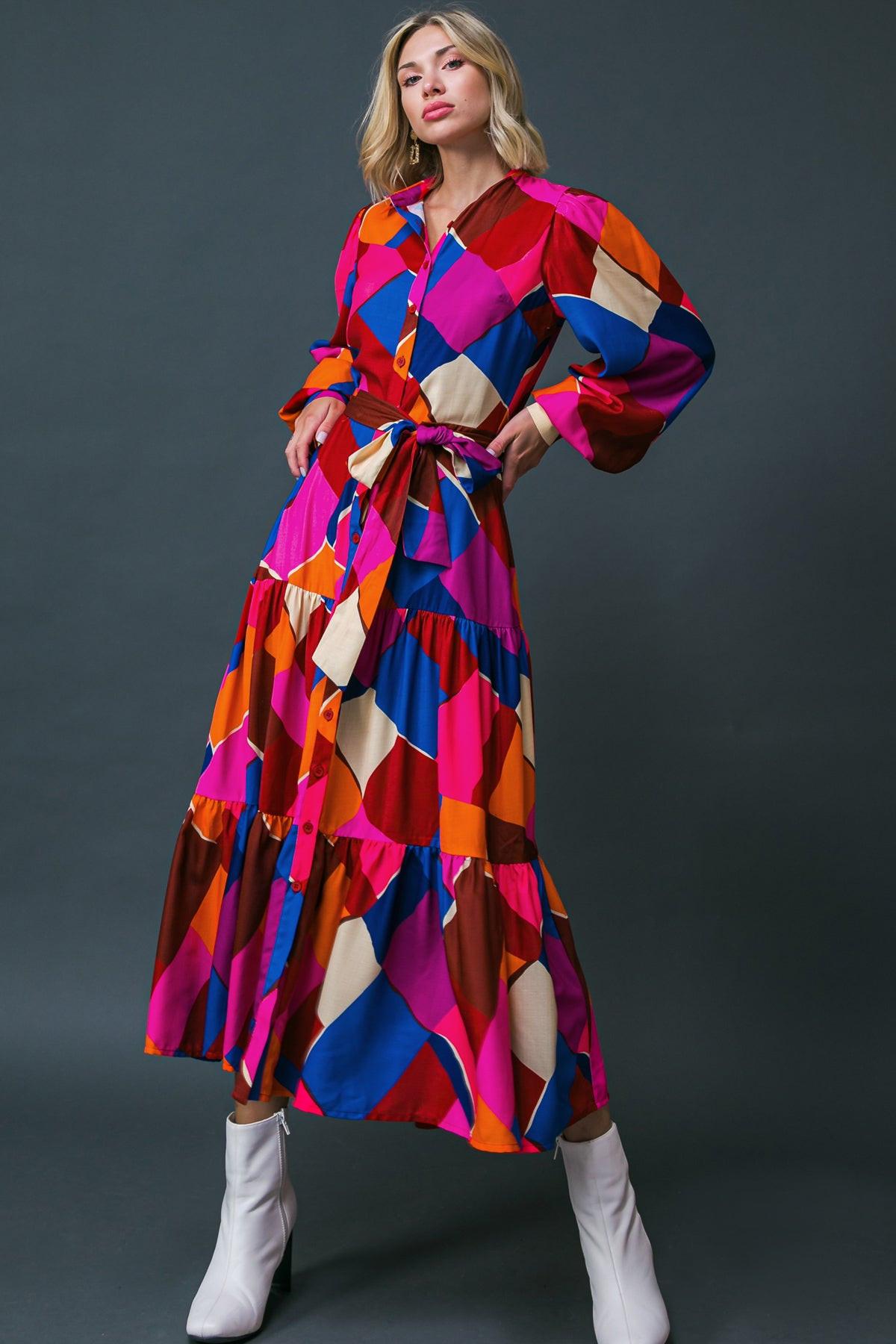 Wise Woman Printed Woven Midi Dress with Shirt Collar and Tiered Skirt — Soul Flow Apparel