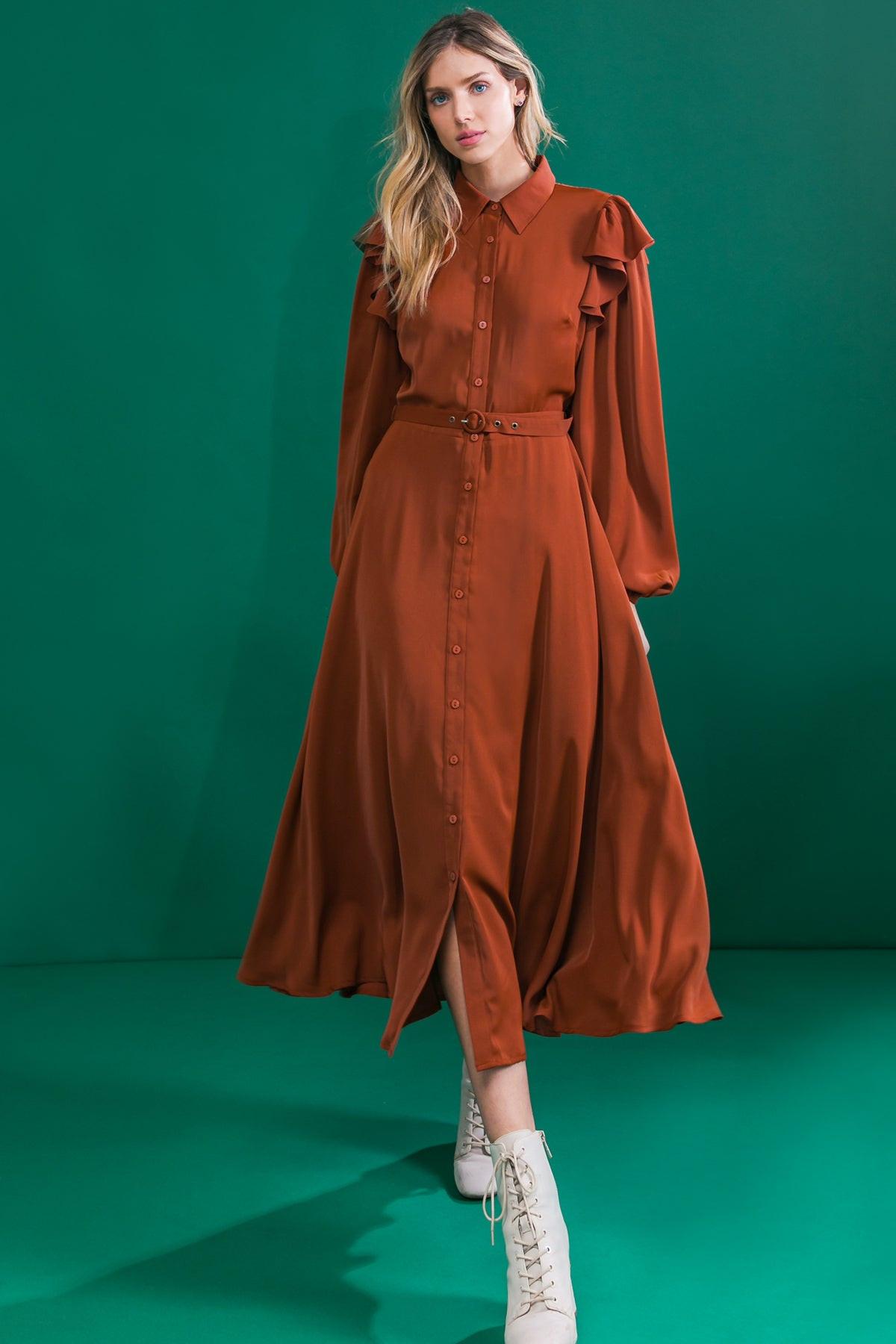 Brown Woven Midi Dress with Shirt Collar Self Belt and Ruffled Shoulders — Soul Flow Apparel