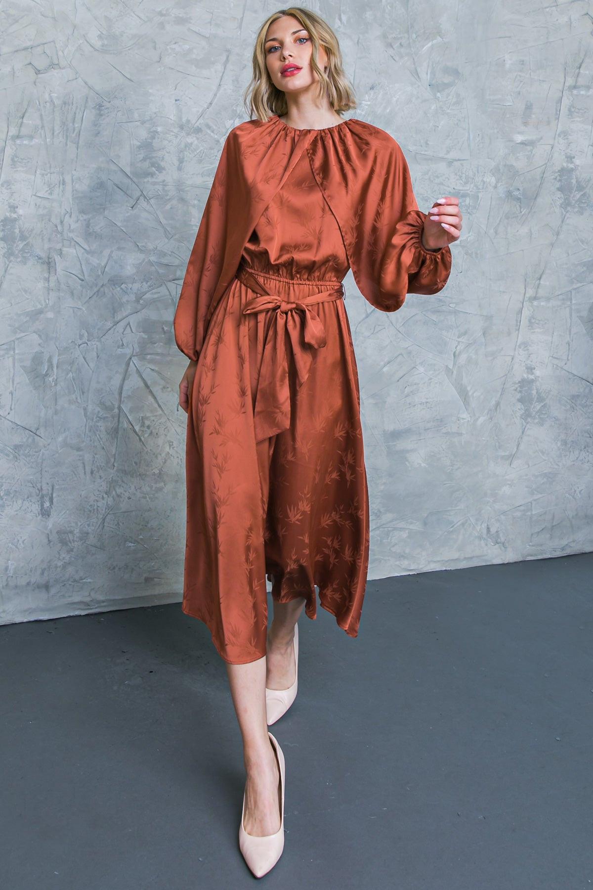 Progress Over Perfection Satin Midi Dress with Jacquard Satin Round Neckline — Soul Flow Apparel