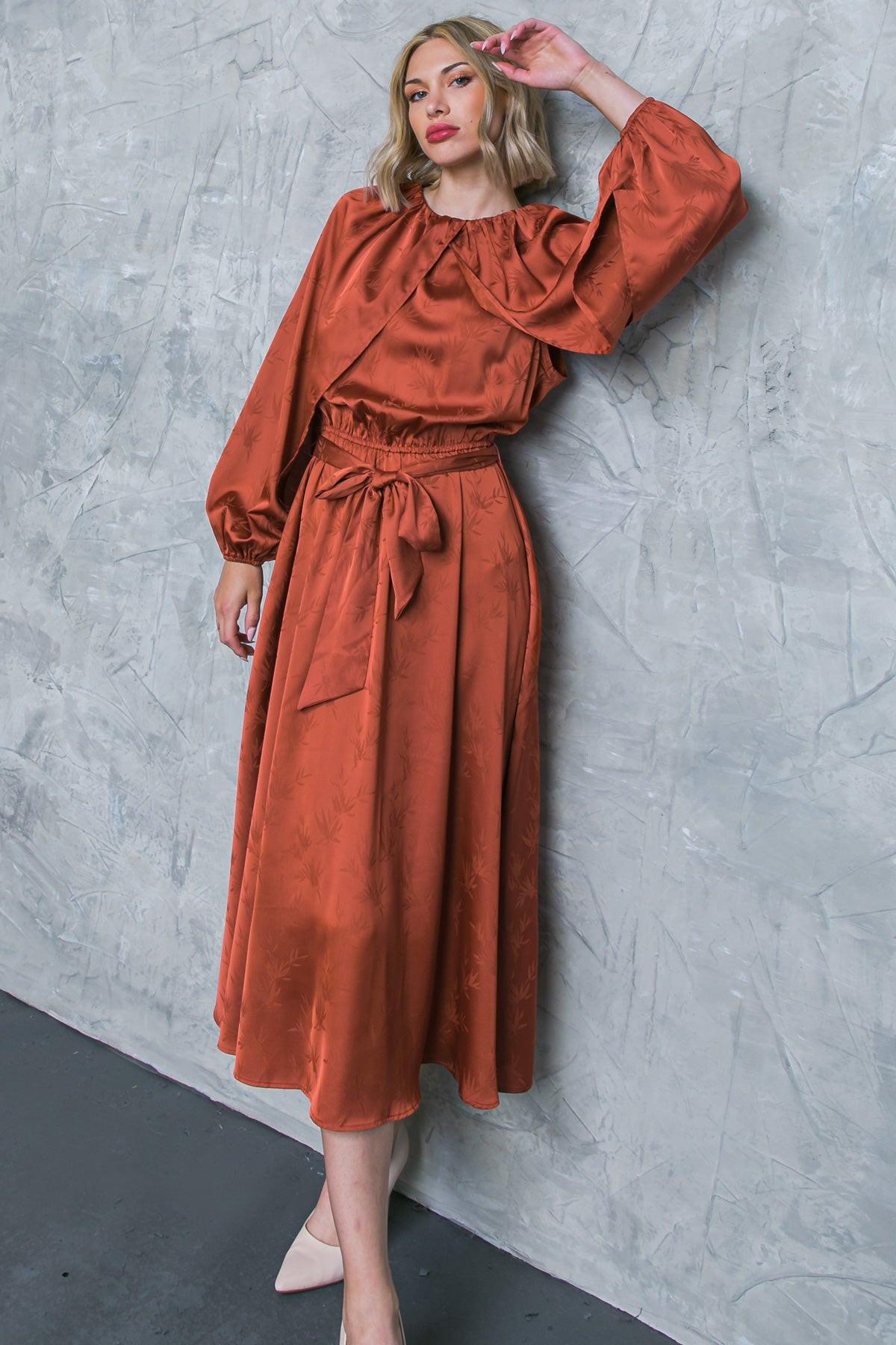 Progress Over Perfection Satin Midi Dress with Jacquard Satin Round Neckline — Soul Flow Apparel