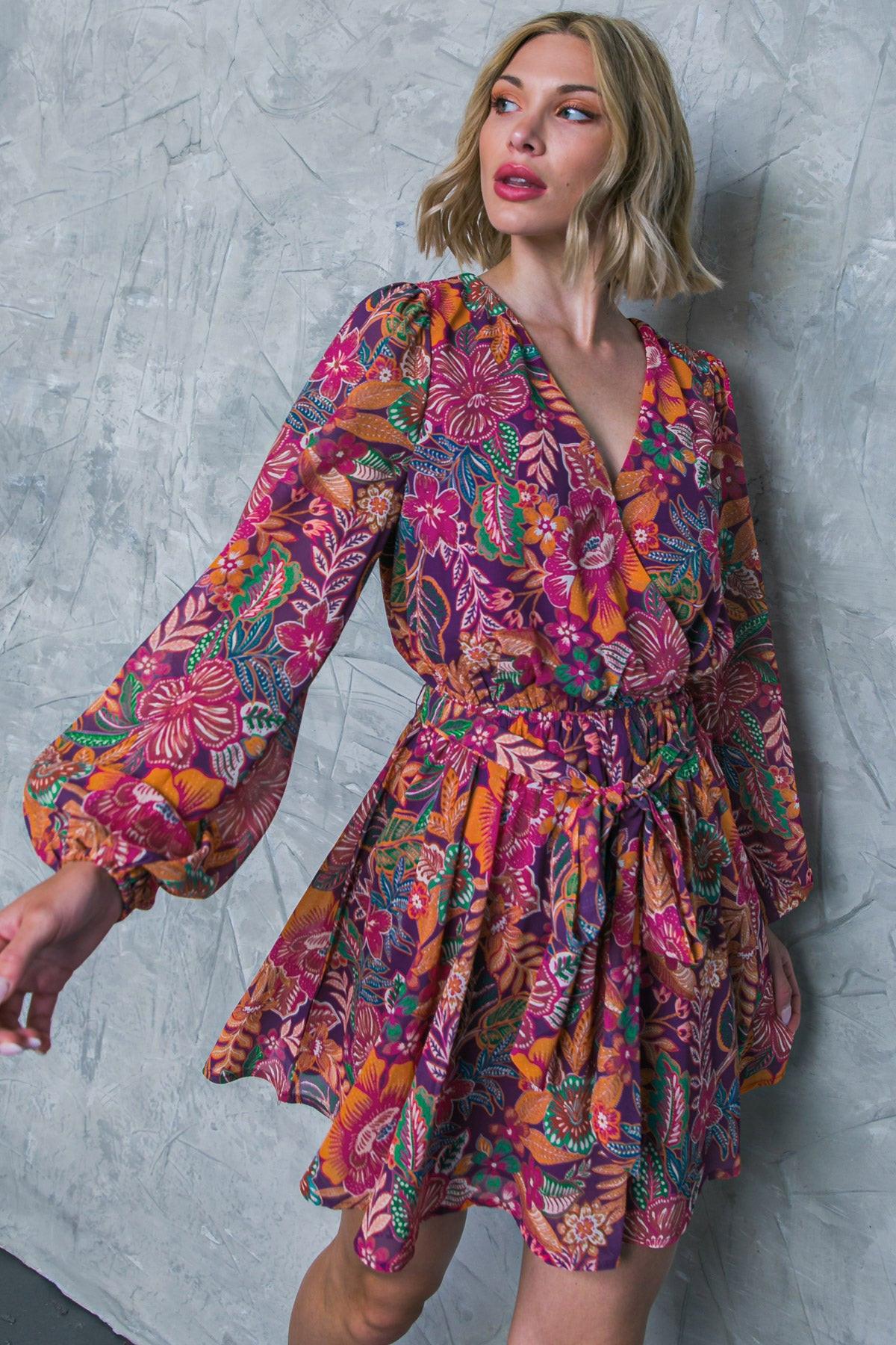 Picking Daisies Plum Printed Woven Mini Dress Featuring Surplice Neckline — Soul Flow Apparel