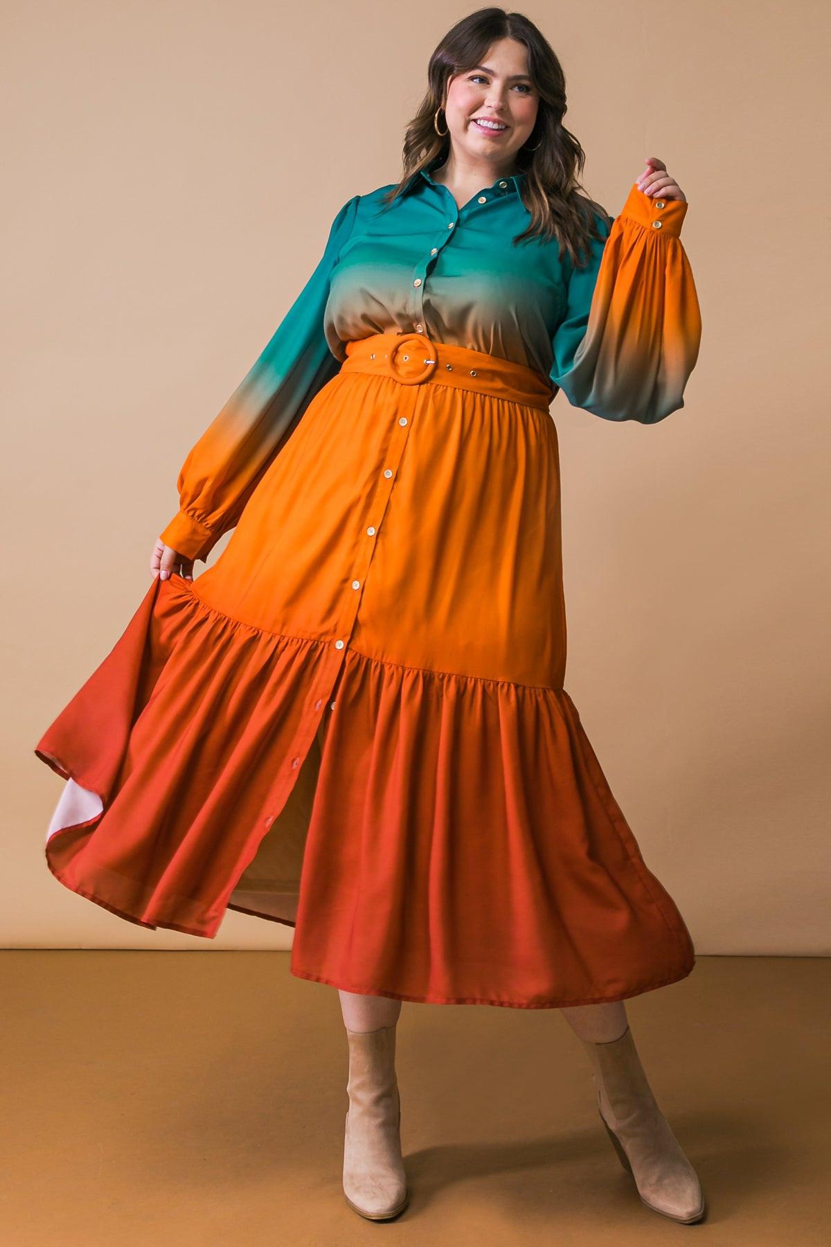 Show Stopper Woven Midi Dress With Shirt Collar Button Down Long Sleeves