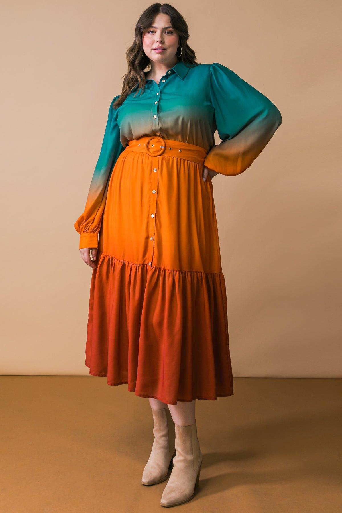 Show Stopper Woven Midi Dress With Shirt Collar Button Down Long Sleeves