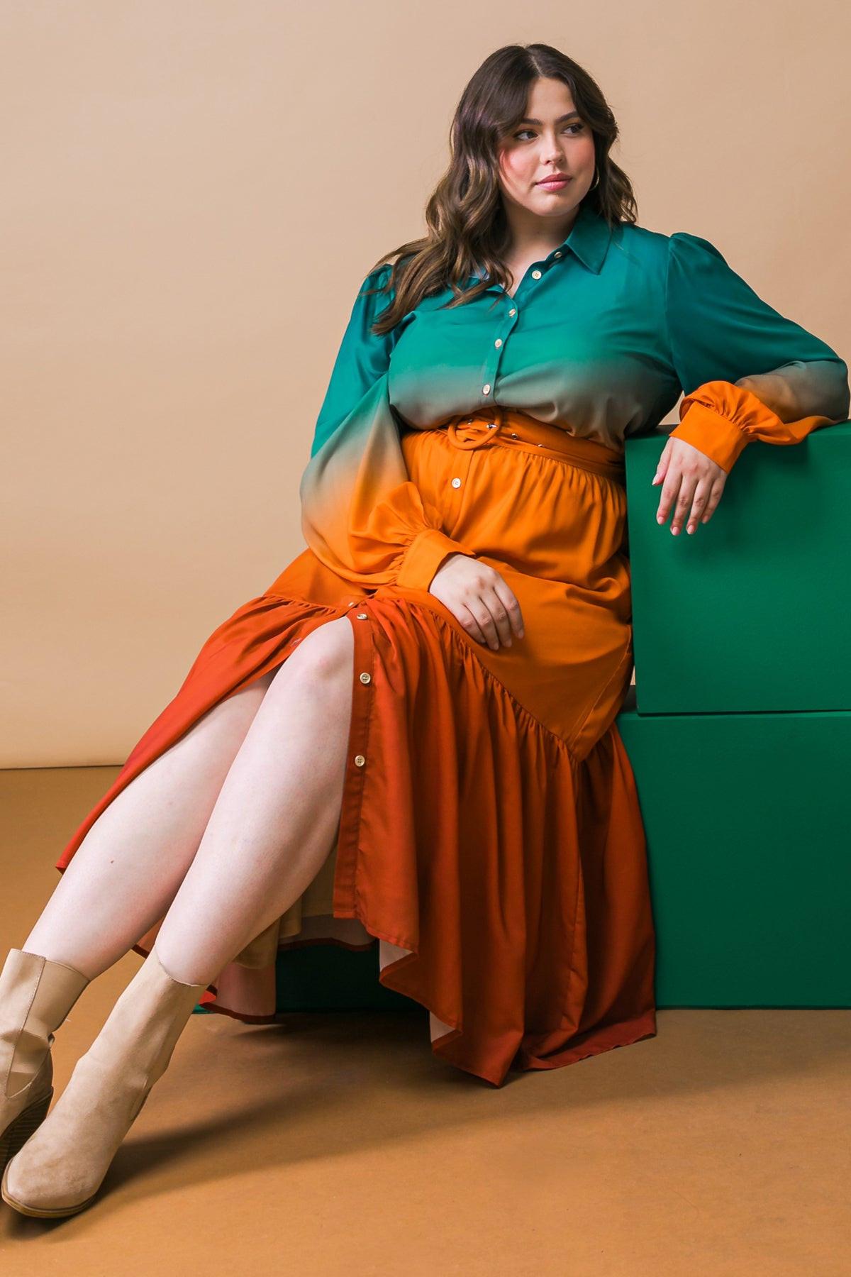 Show Stopper Woven Midi Dress With Shirt Collar Button Down Long Sleeves