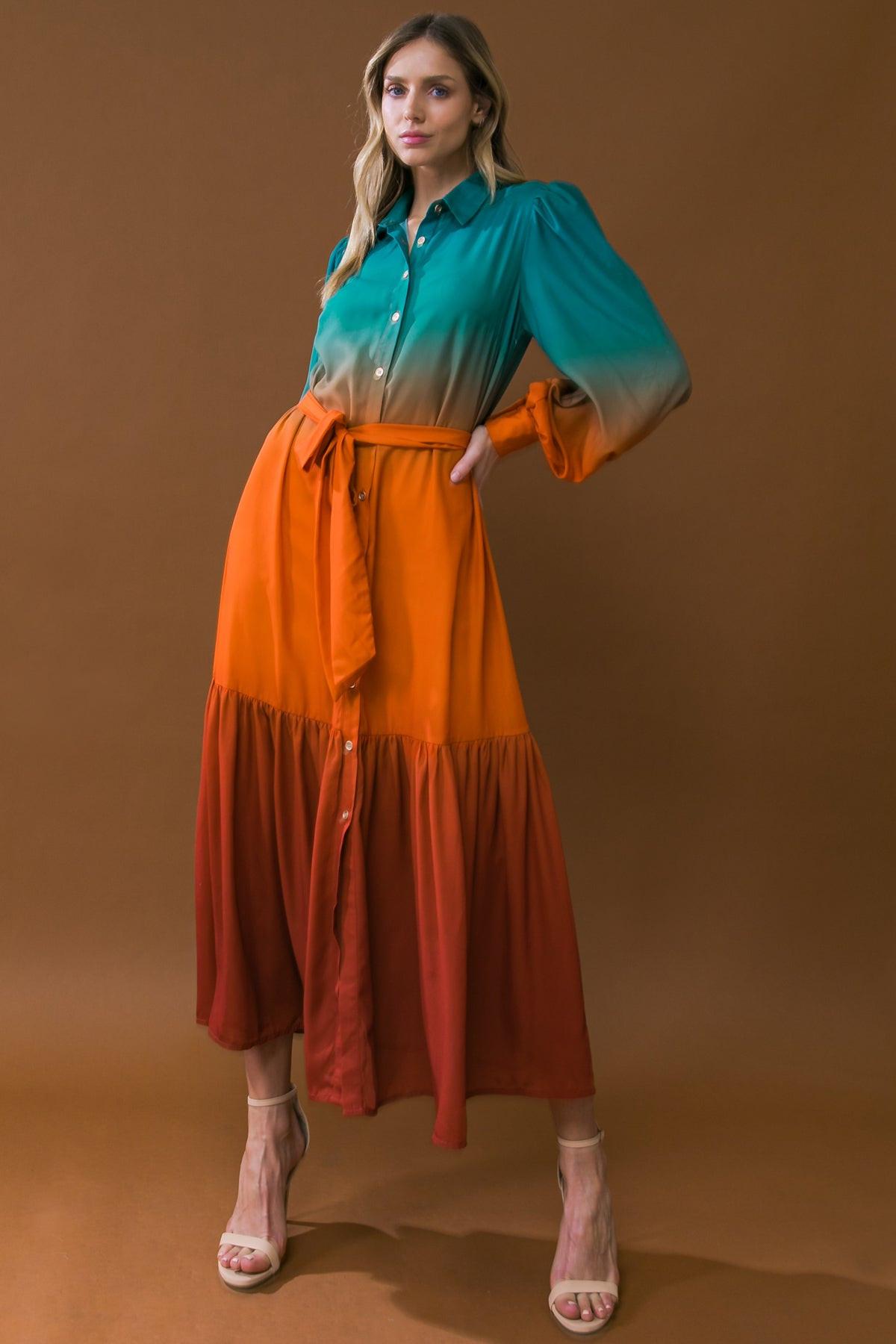 Show Stopper Woven Midi Dress With Shirt Collar Button Down Long Sleeves