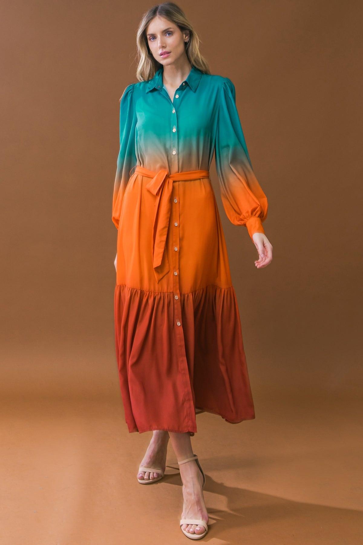 Show Stopper Woven Midi Dress With Shirt Collar Button Down Long Sleeves