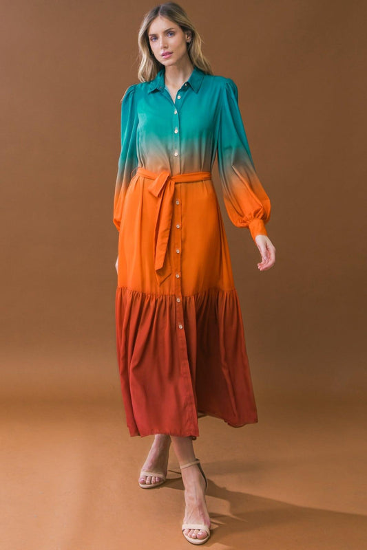 Show Stopper Woven Midi Dress With Shirt Collar Button Down Long Sleeves