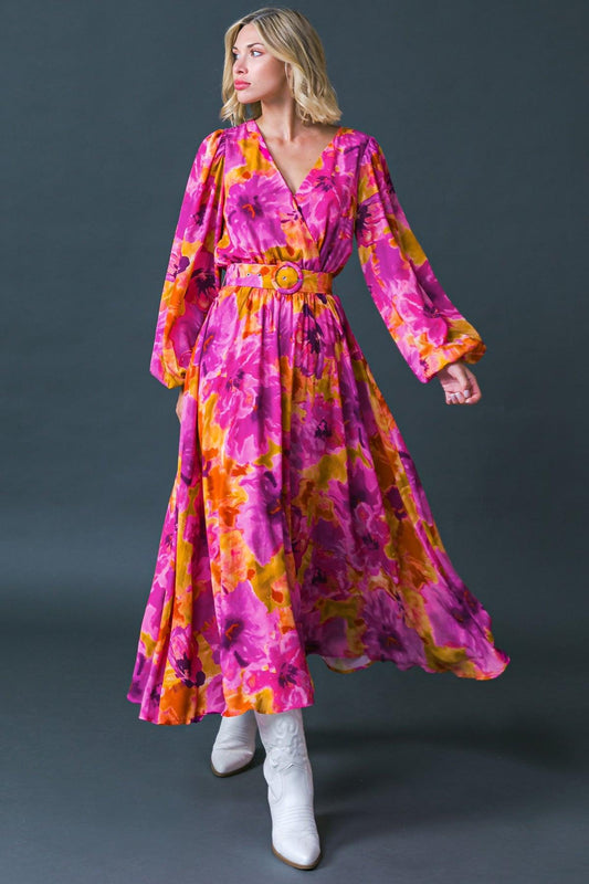 Just Watch Me Printed Woven Midi Dress with Surplice Neckline and Puff Sleeves — Soul Flow Apparel