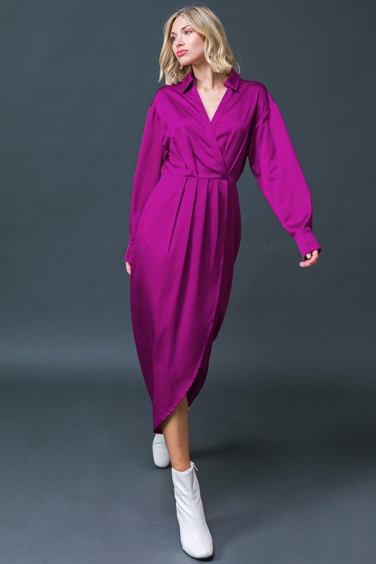 Too Good to Be True Woven Midi Dress with Surplice Neckline and Front Pleats — Soul Flow Apparel