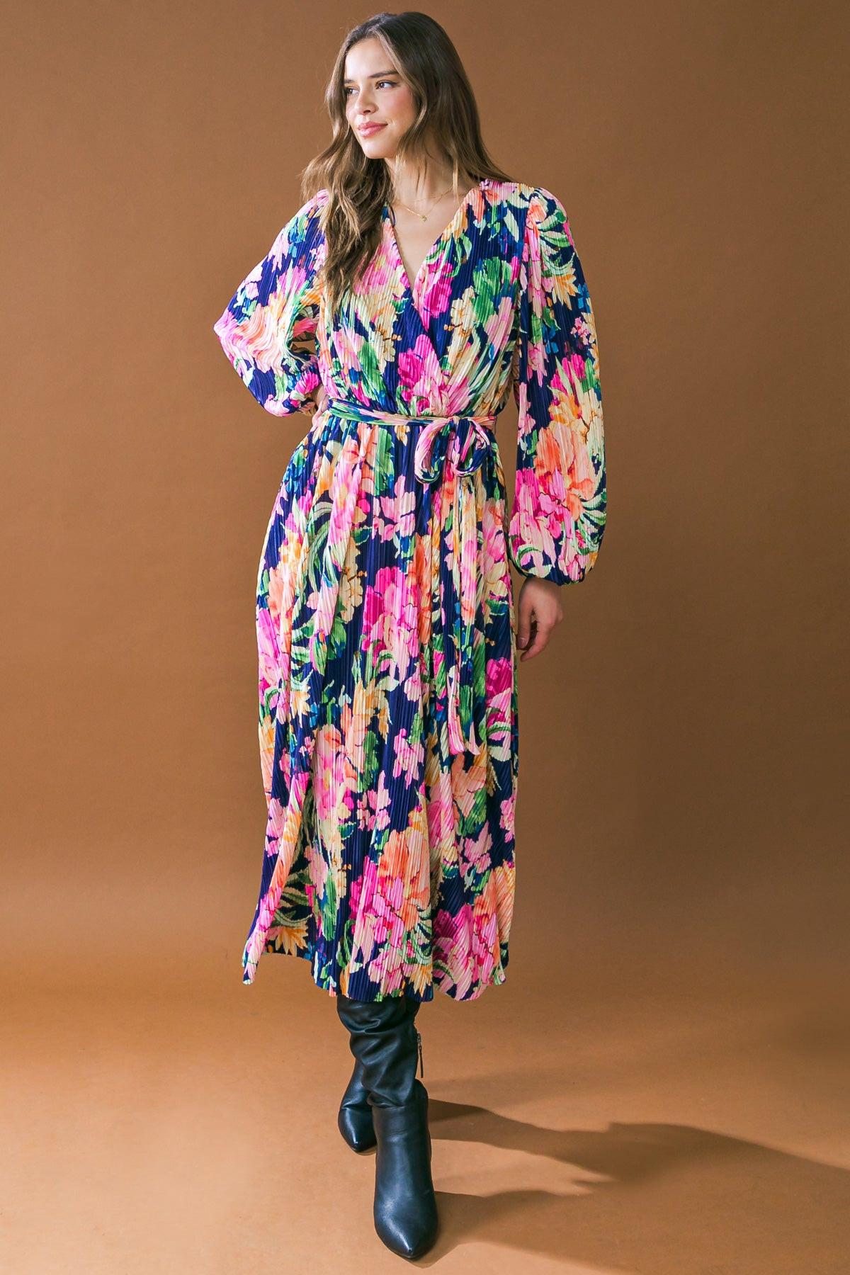 Breathtaking Moment Printed Plisse Midi Dress Surplice Neckline Long Sleeve — Soul Flow Apparel