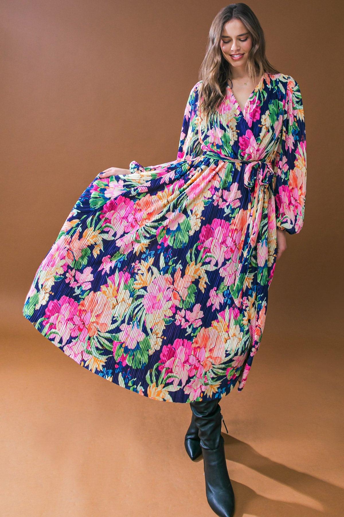Breathtaking Moment Printed Plisse Midi Dress Surplice Neckline Long Sleeve — Soul Flow Apparel