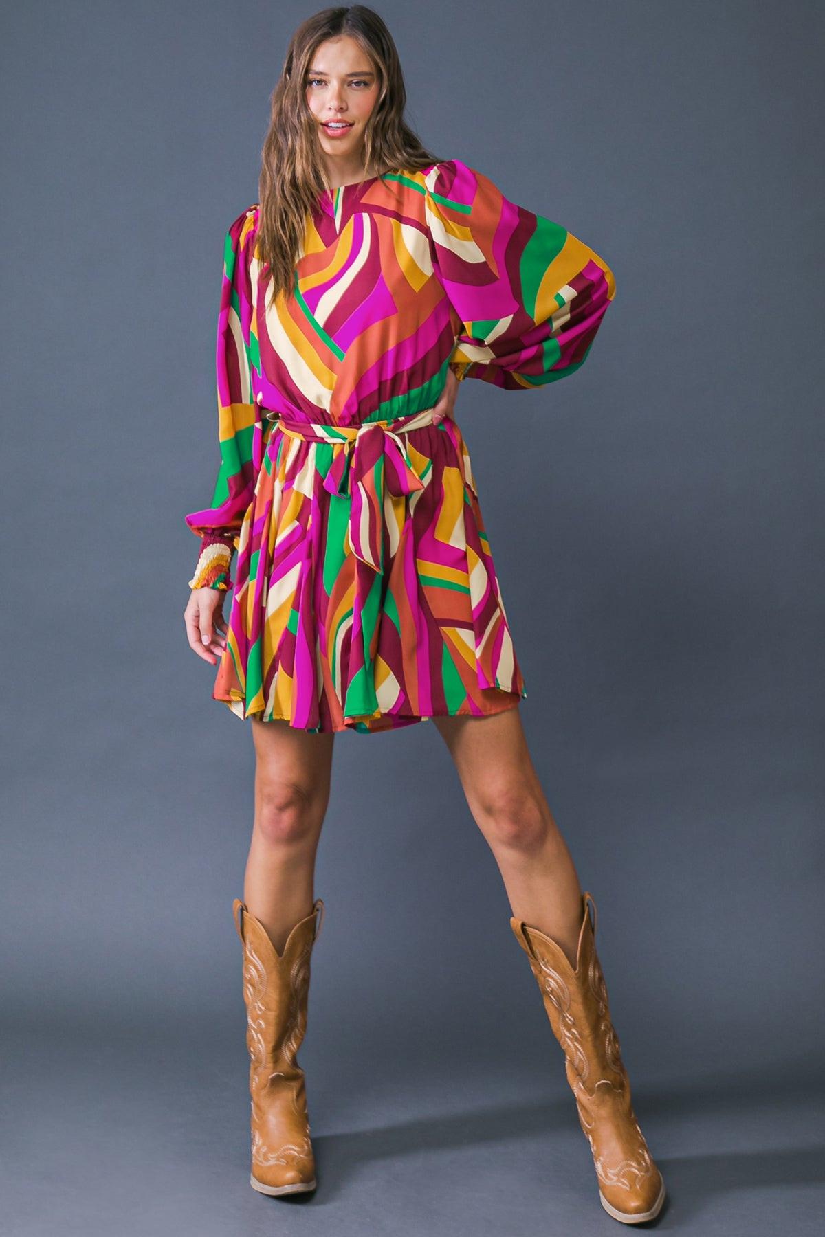 Keep on Moving Printed Woven Mini Dress with Elasticized Waist Self Sash Tie — Soul Flow Apparel