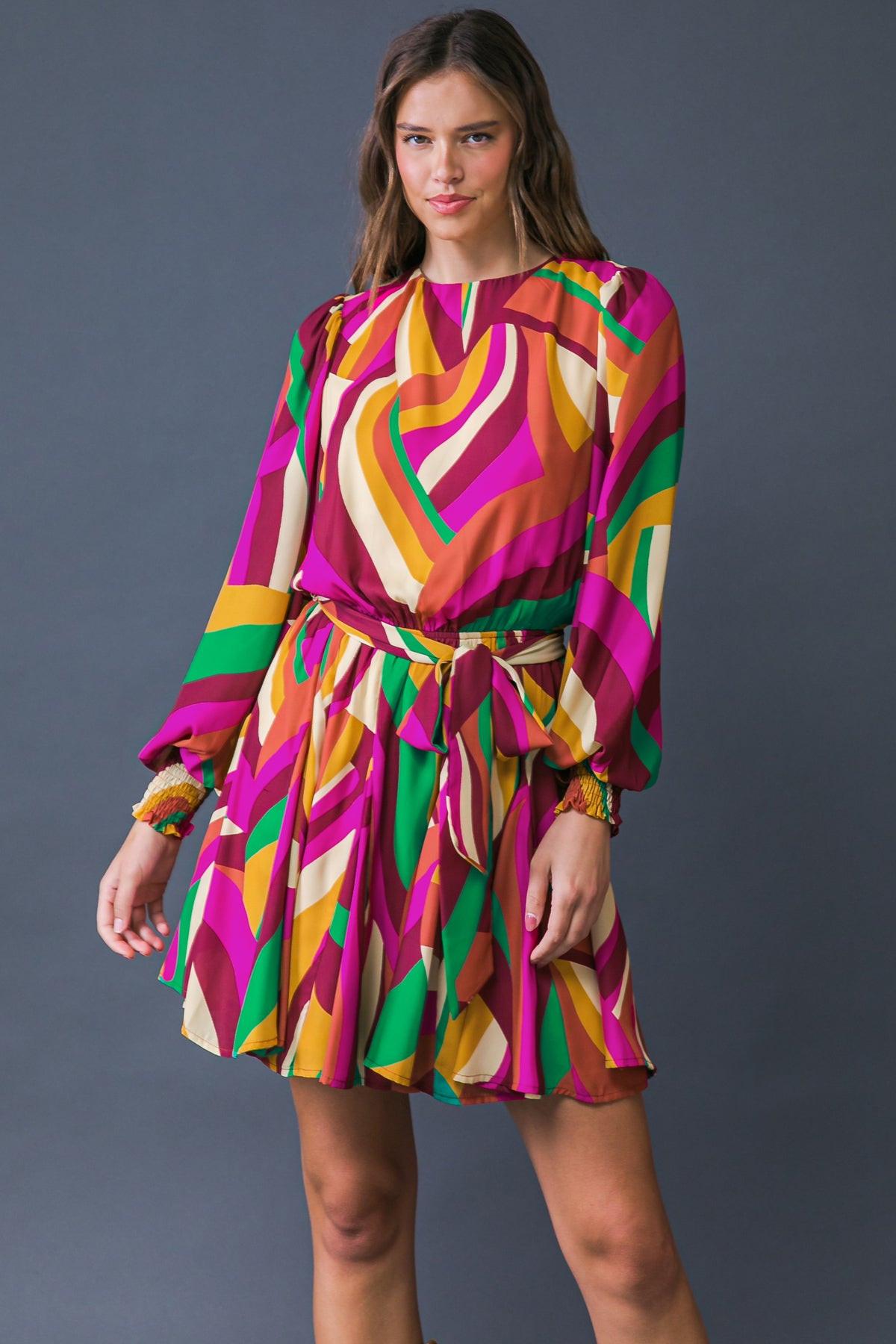 Keep on Moving Printed Woven Mini Dress with Elasticized Waist Self Sash Tie — Soul Flow Apparel