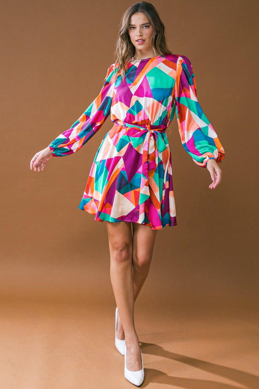 Woven Mini Dress Round Neckline Long Sleeves a Line Skirt with Back Zipper — Soul Flow Apparel