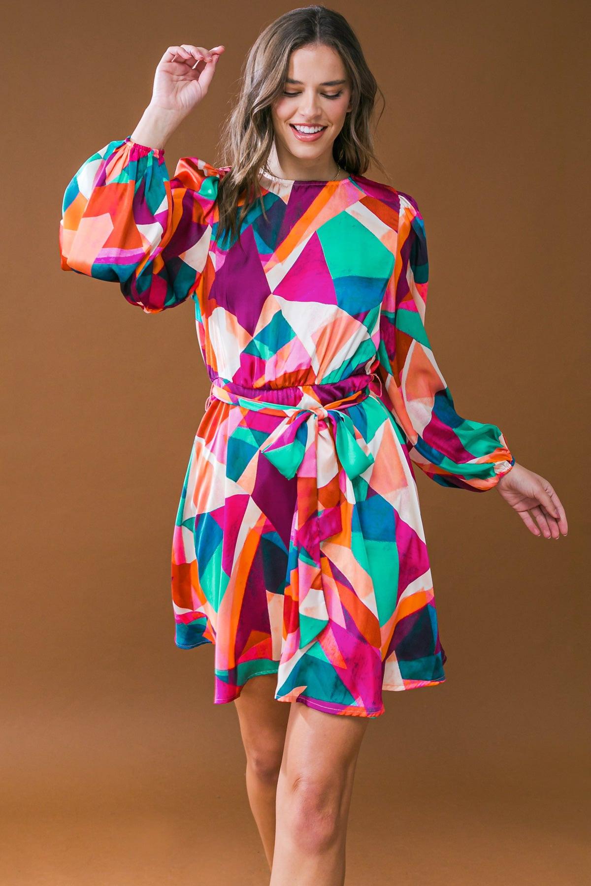 Woven Mini Dress Round Neckline Long Sleeves a Line Skirt with Back Zipper — Soul Flow Apparel