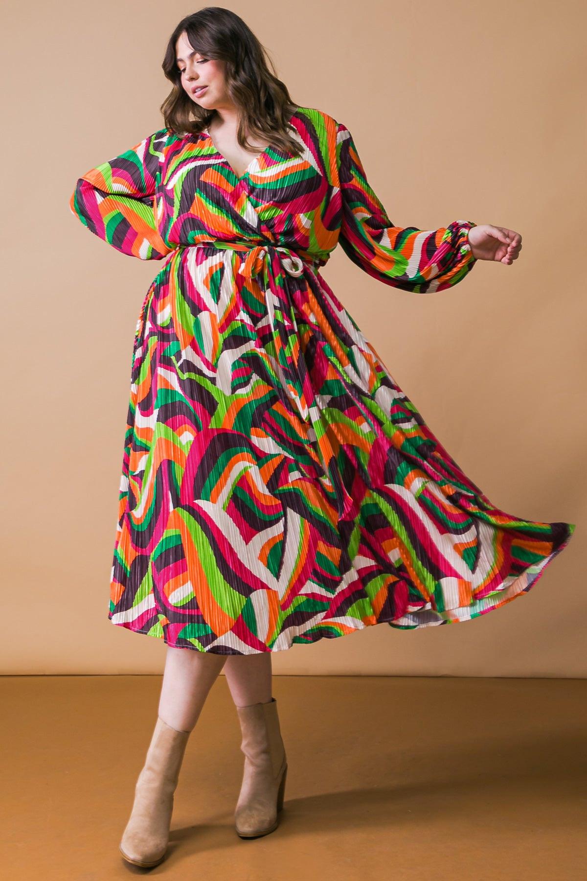 Printed Plisse Midi Dress With Surplice Neckline Long Sleeve And Self Tie
