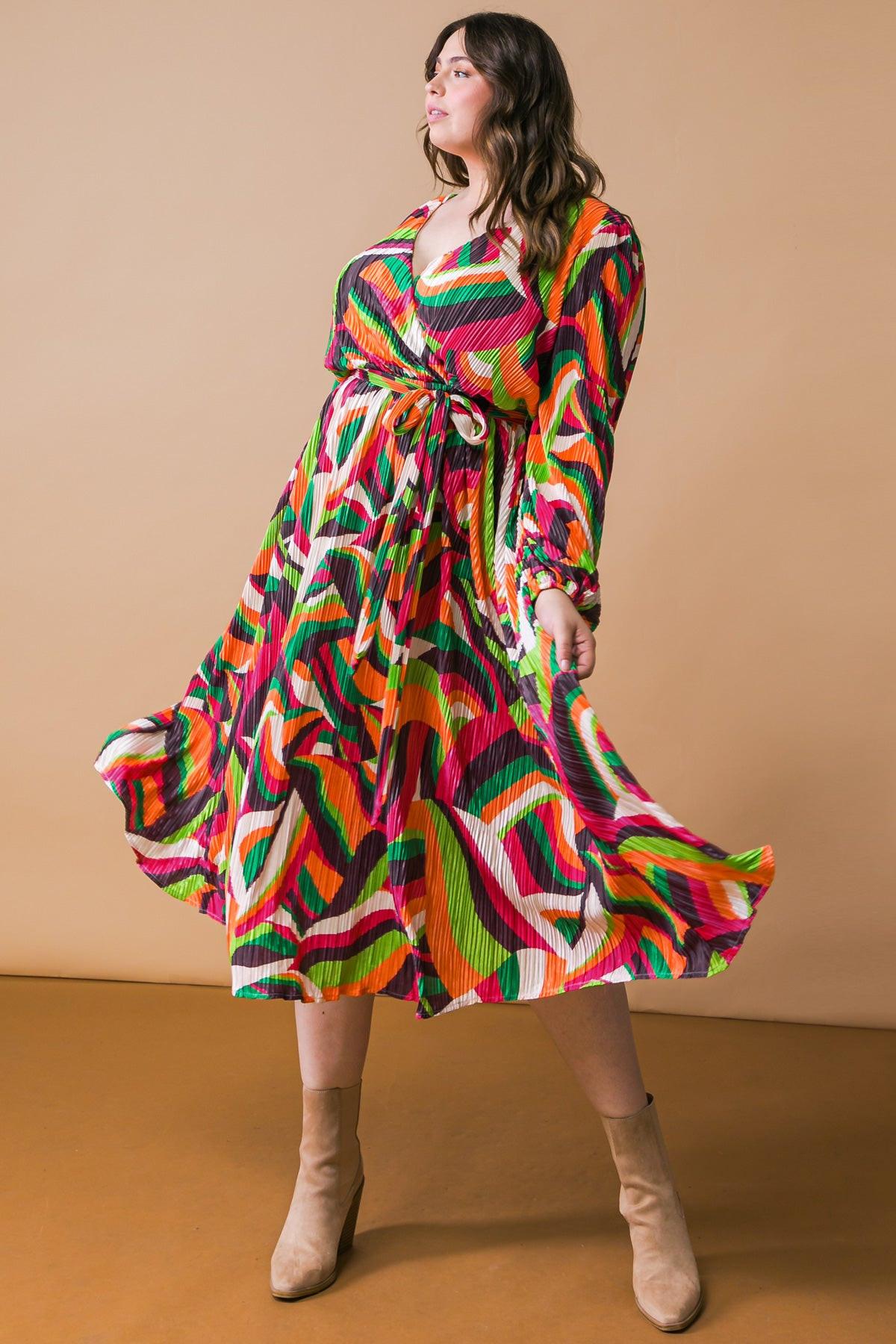 Printed Plisse Midi Dress With Surplice Neckline Long Sleeve And Self Tie
