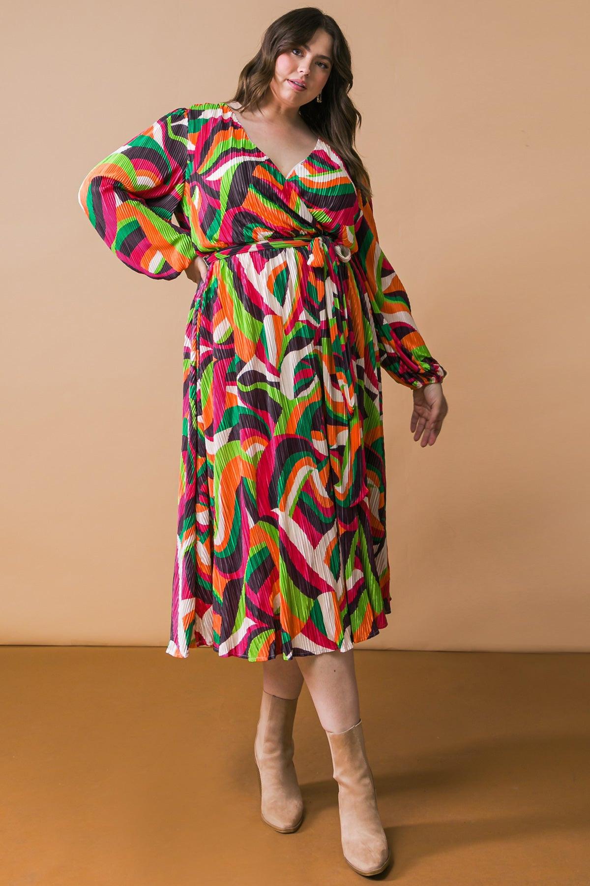 Printed Plisse Midi Dress With Surplice Neckline Long Sleeve And Self Tie