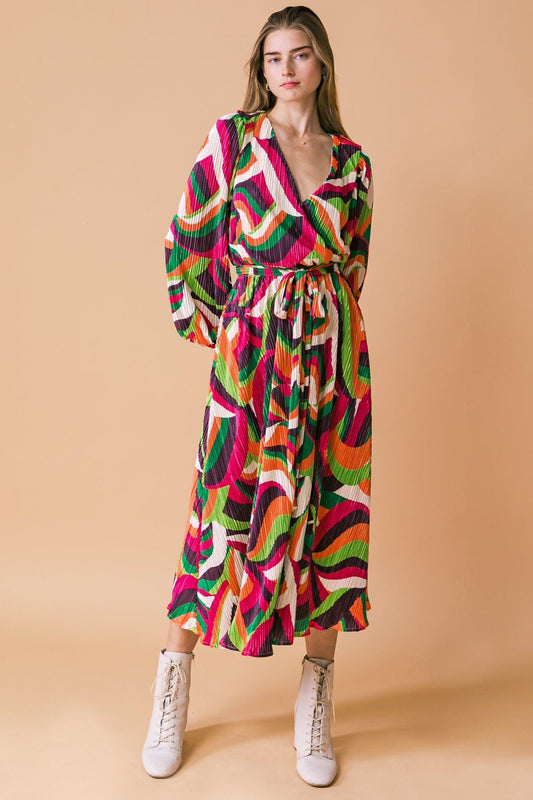 Printed Plisse Midi Dress With Surplice Neckline Long Sleeve And Self Tie