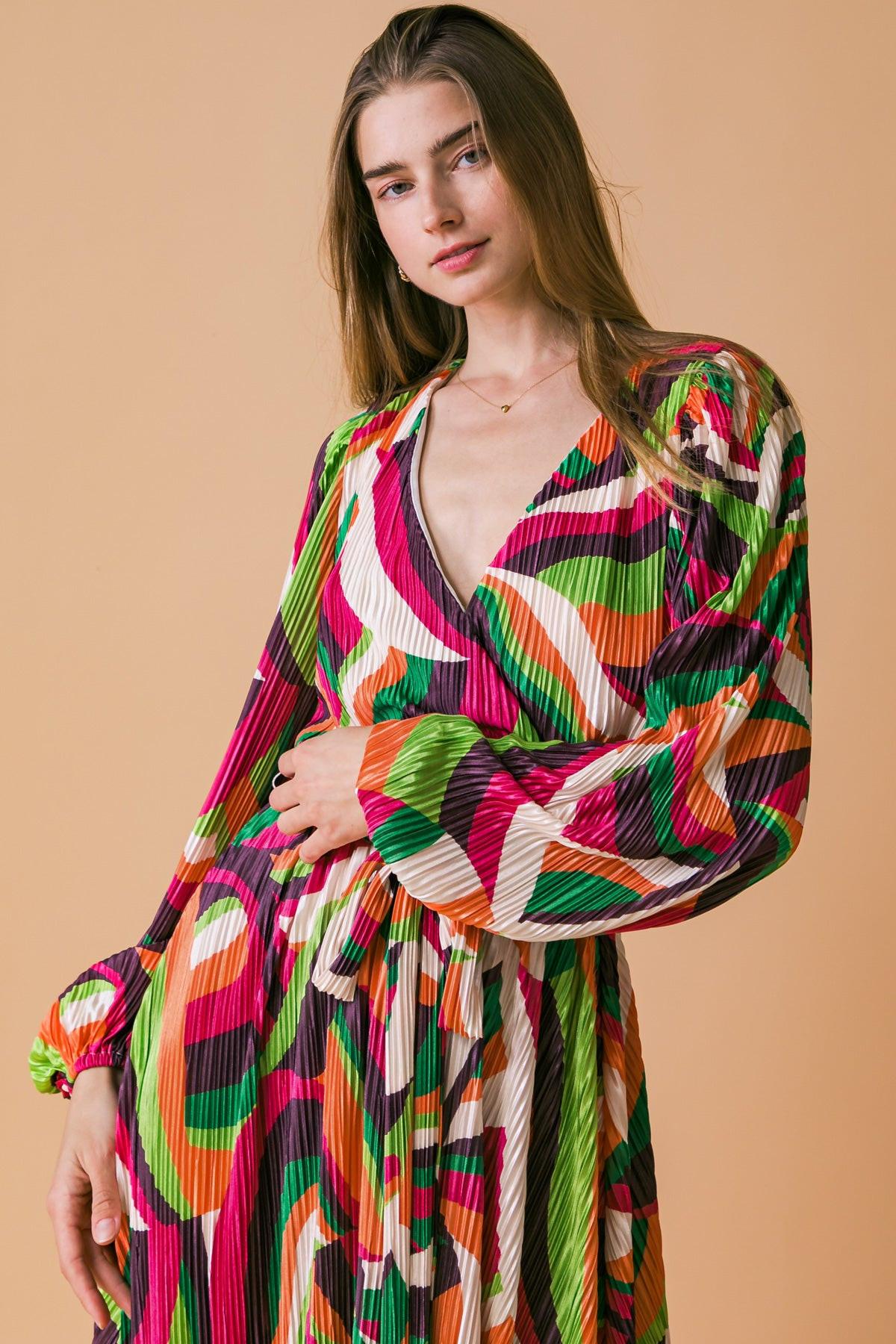 Printed Plisse Midi Dress With Surplice Neckline Long Sleeve And Self Tie