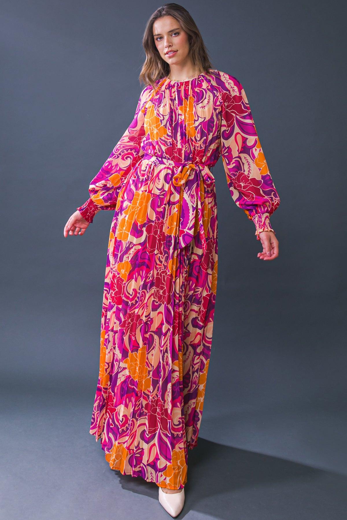 Changing Locations Printed Woven Maxi Dress Round Neckline Smocked Cuff Sleeves — Soul Flow Apparel